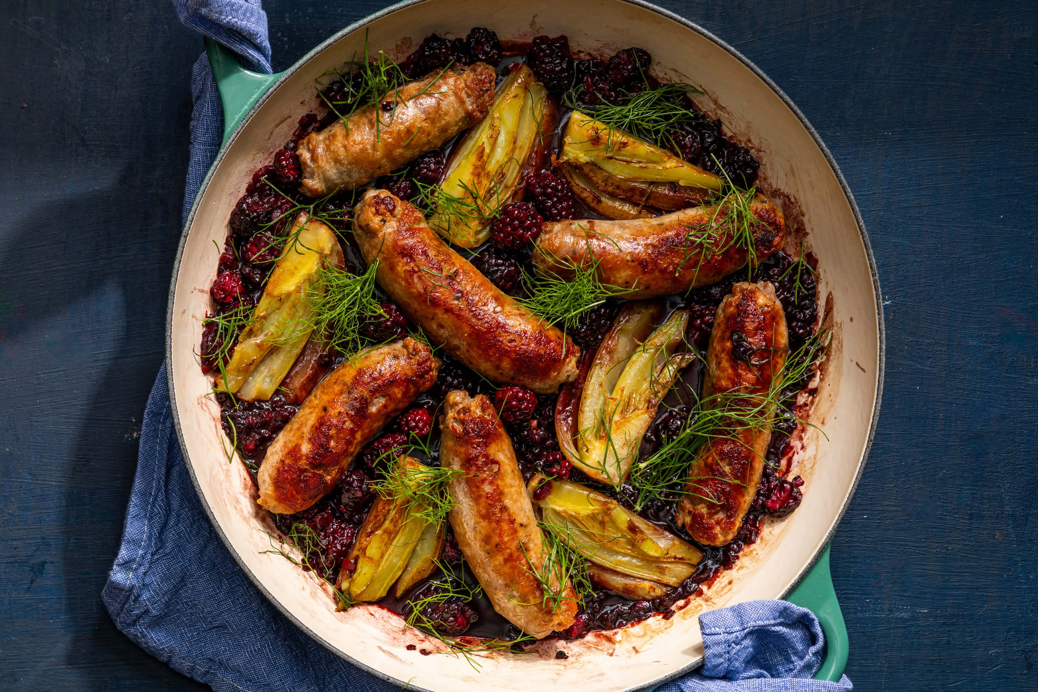 Jammy Skillet Sausages with Blackberries and Fennel