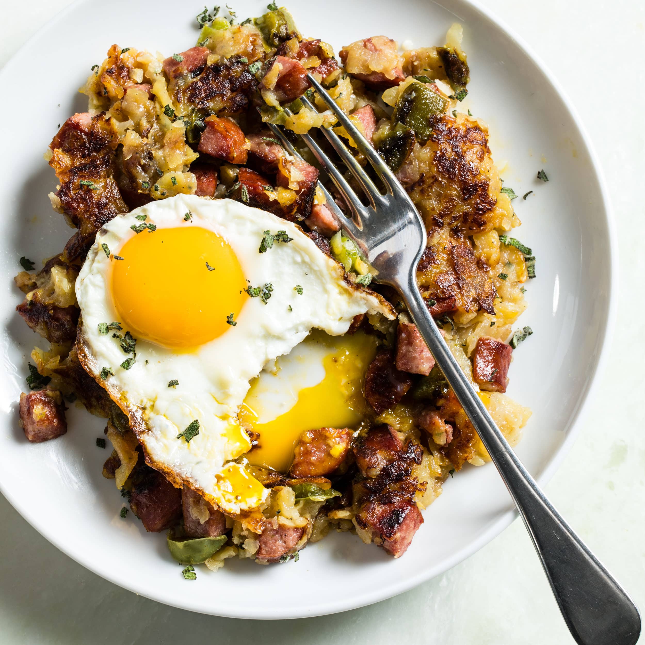 Kielbasa Hash with Potatoes and Fried Eggs