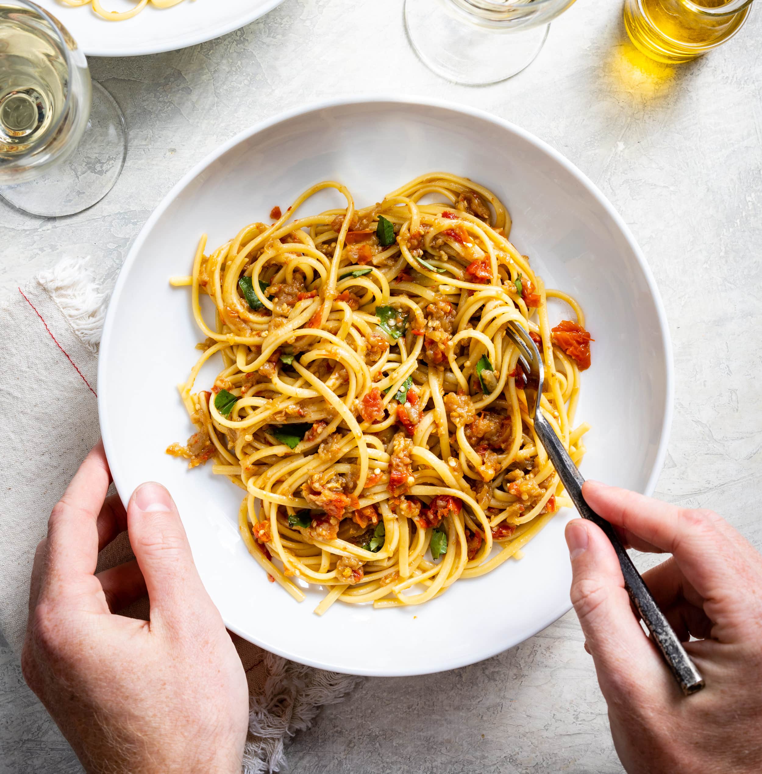 Linguine with Sun-Dried Tomato and Eggplant Sauce