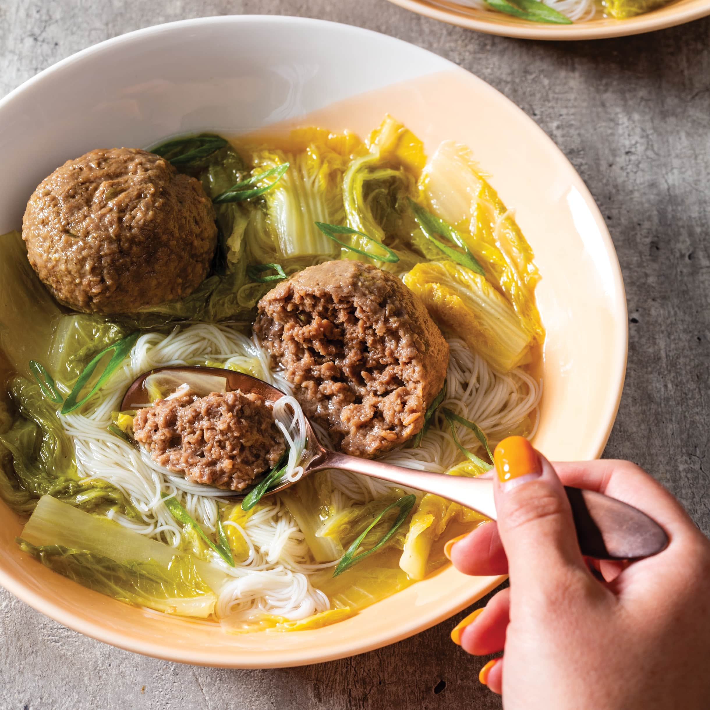 Plant-Based Lion's Head Meatballs with Cabbage and Rice Noodles