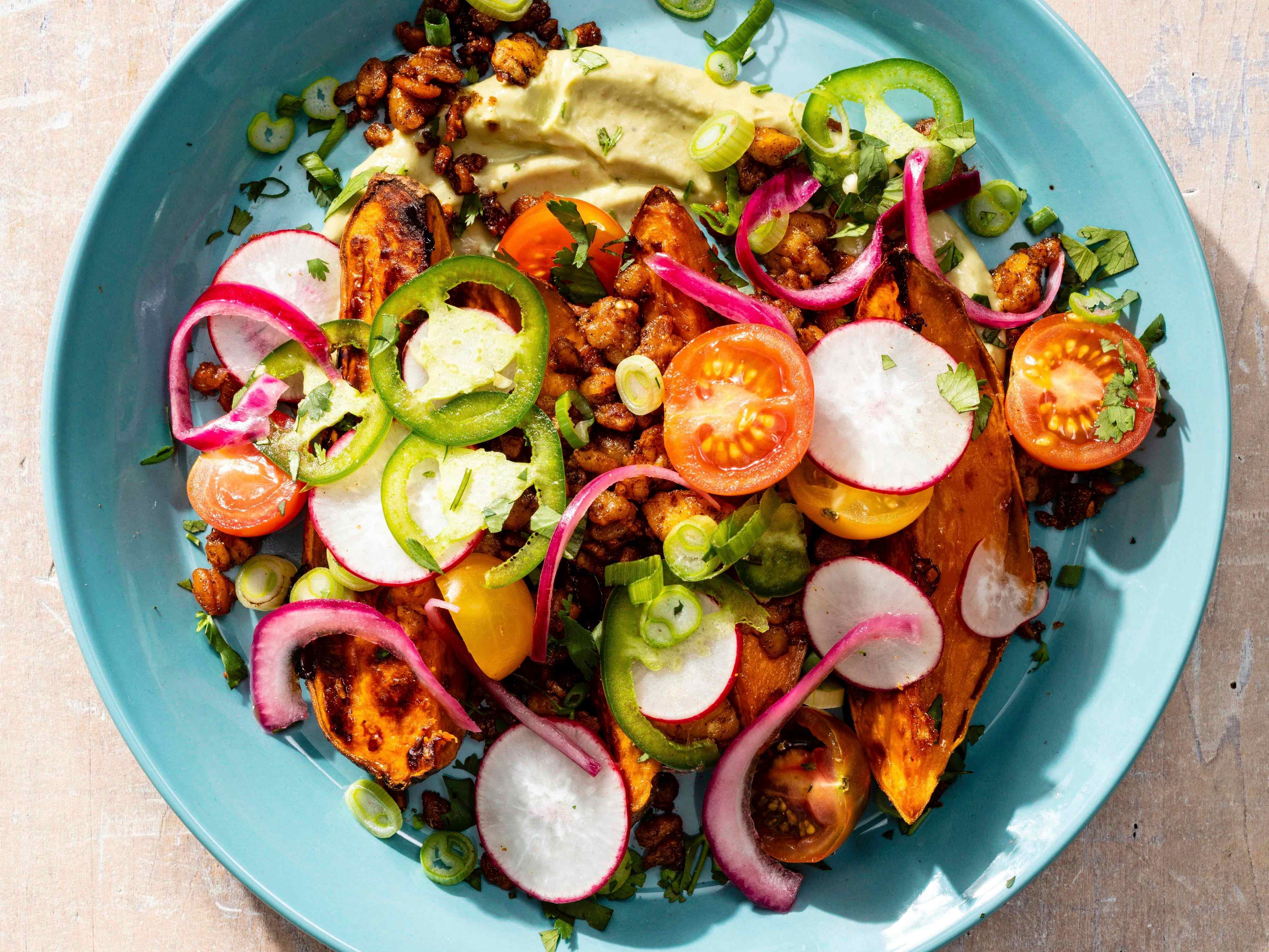 Loaded Sweet Potato Wedges with Tempeh