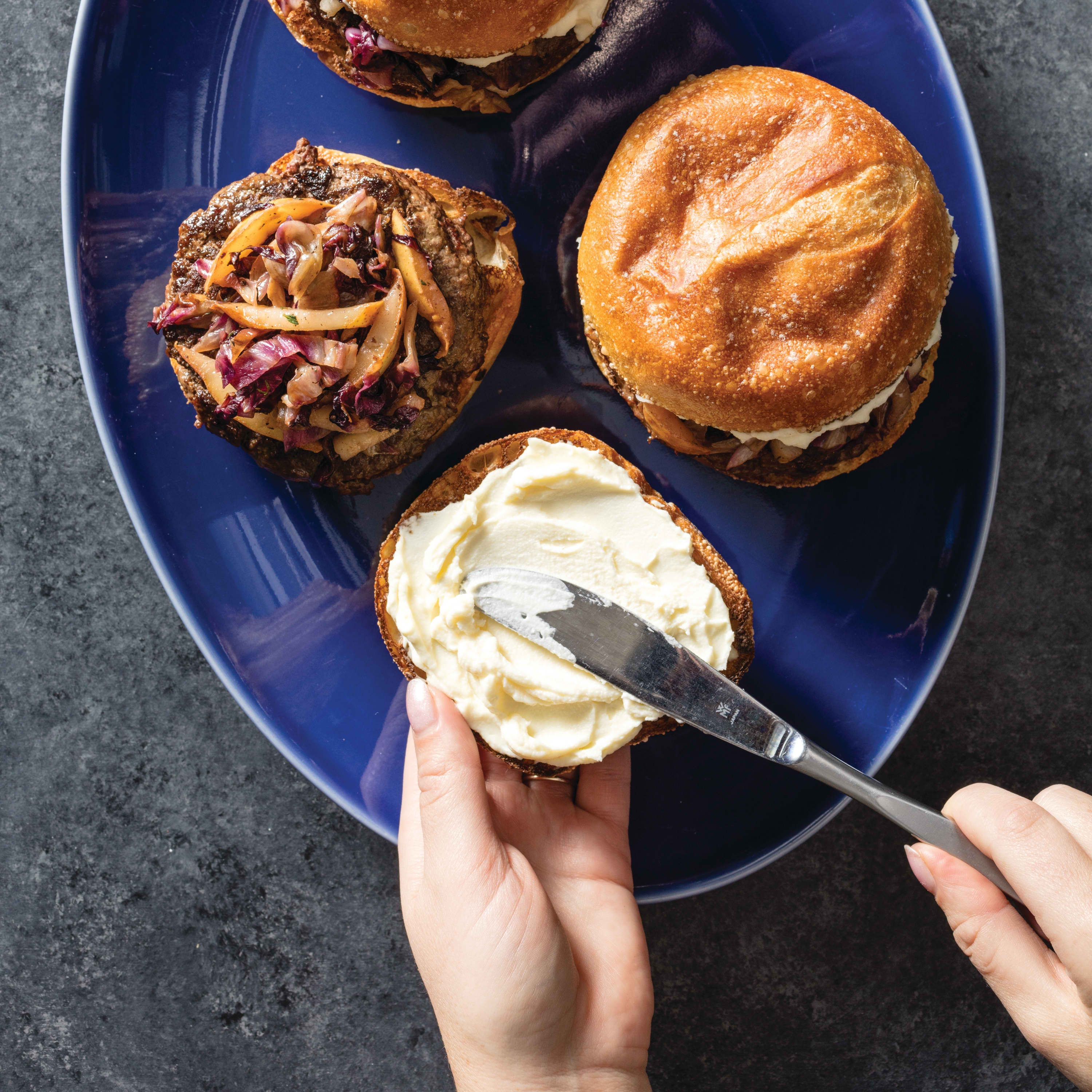 Mascarpone Burgers with Wilted Radicchio and Pear