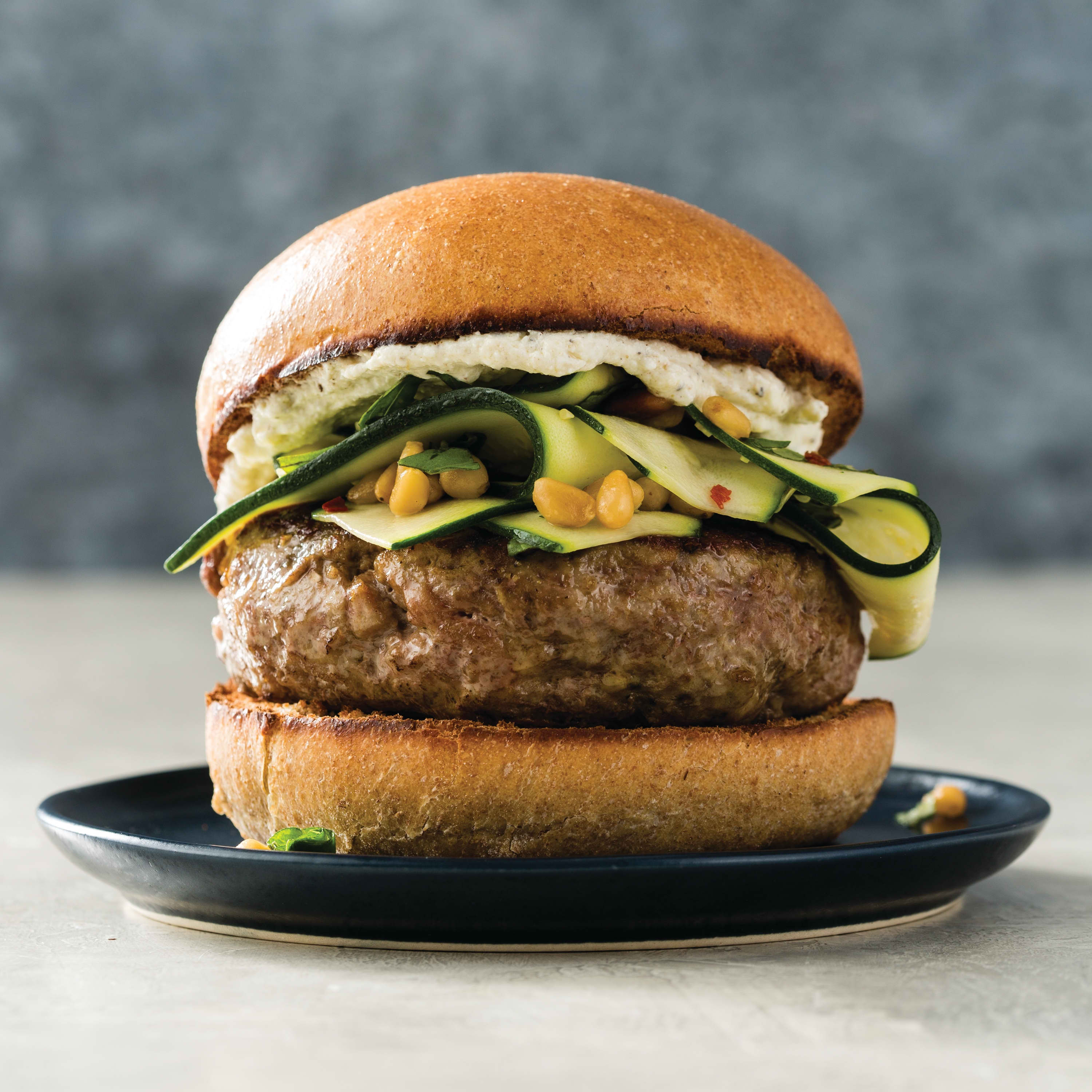 Mediterranean Turkey Burgers with Shaved Zucchini Salad and Ricotta
