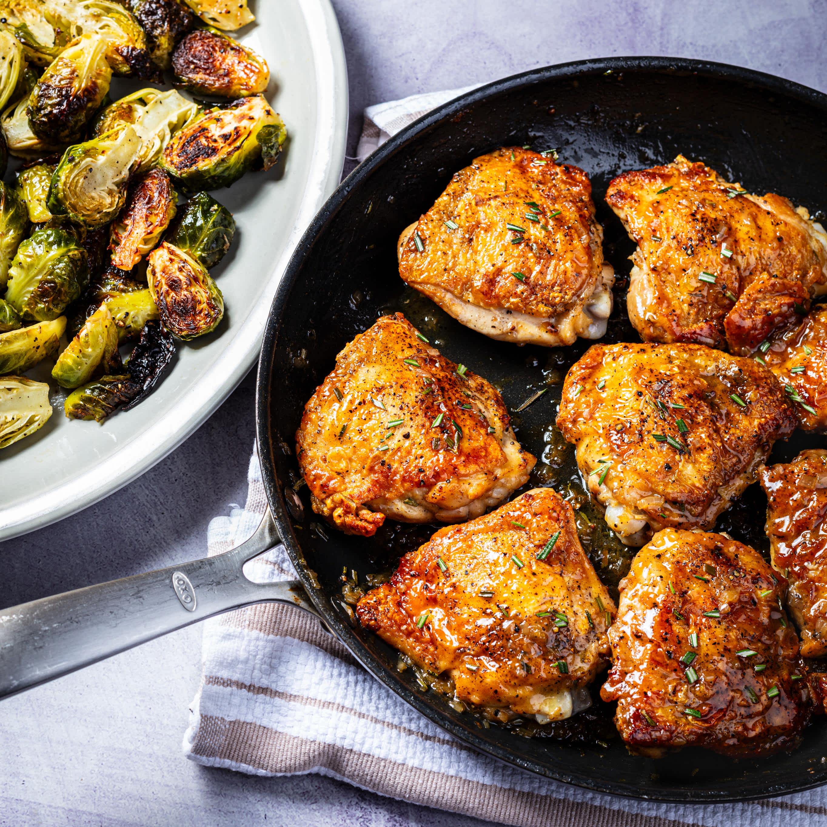 Orange-Rosemary Chicken Thighs with Brussels Sprouts | America's Test Kitchen
