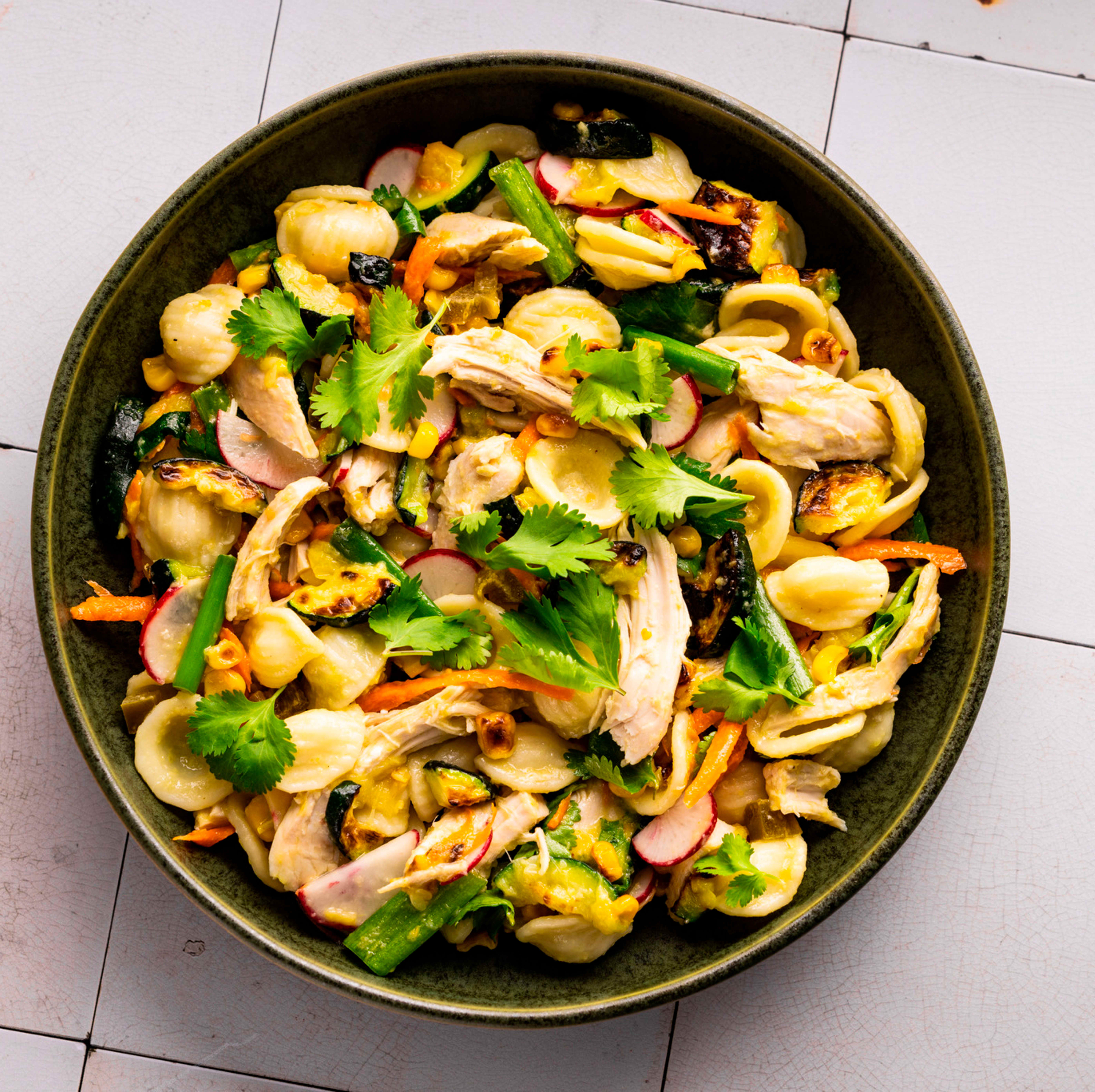 Orecchiette Salad with Roasted Vegetables, Chicken, and Jalapeño-Lime Dressing