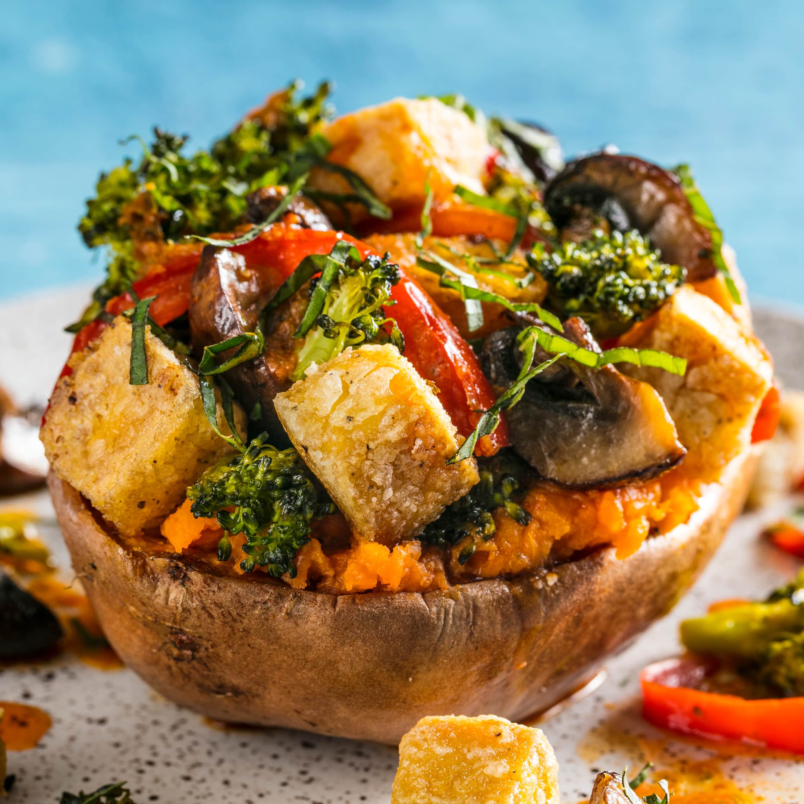 Toaster-Oven Overstuffed Sweet Potatoes with Tofu and Red Curry Vinaigrette