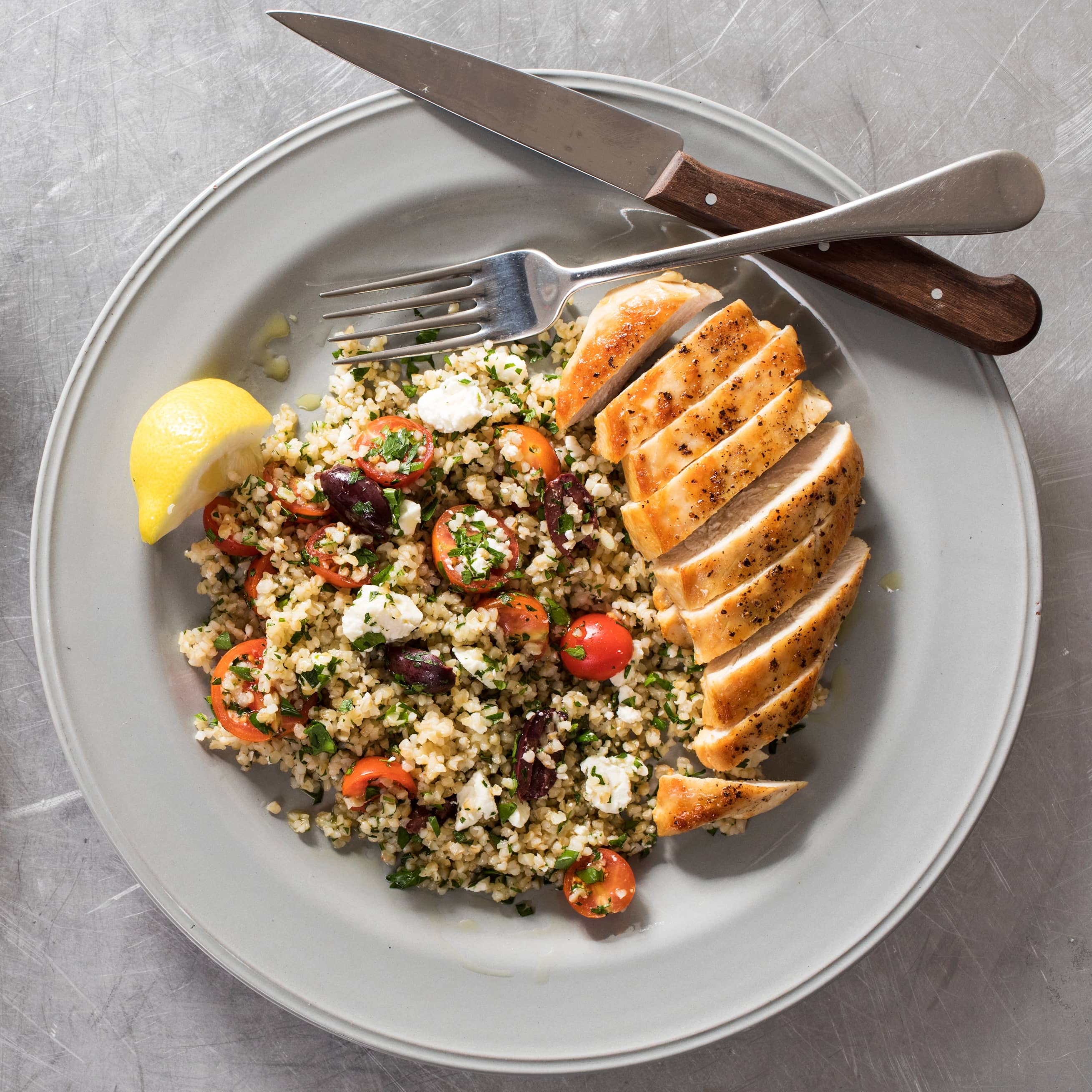 Pan-Seared Chicken with Warm Mediterranean Grain Pilaf