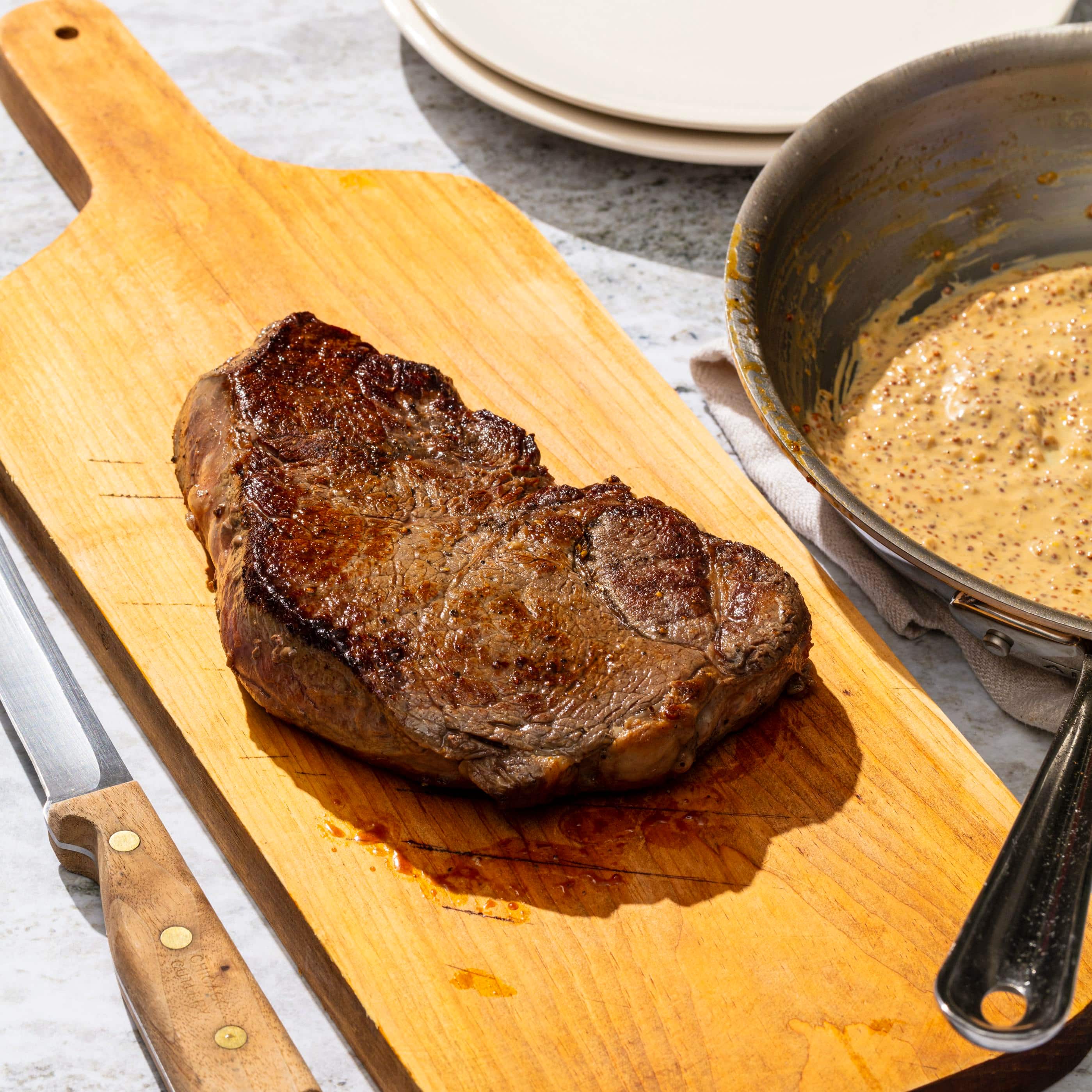 Pan-Seared Inexpensive Steak with Mustard-Cream Sauce for Two