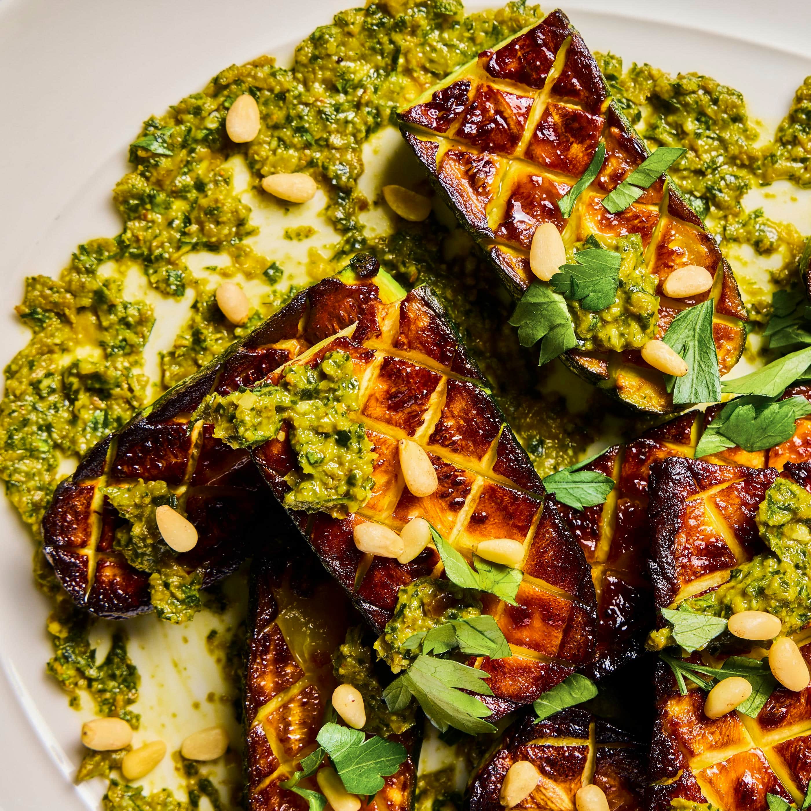 Pan-Seared Zucchini with Raisin, Caper, and Parsley Sauce and Pine Nuts for Two
