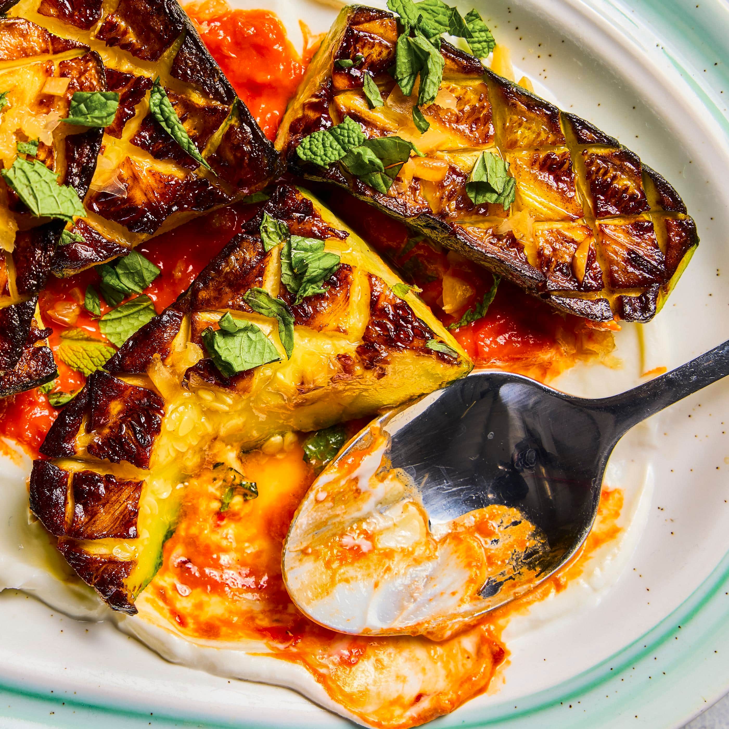 Pan-Seared Zucchini with Yogurt, Red Pepper Paste, and Preserved Lemon for Two