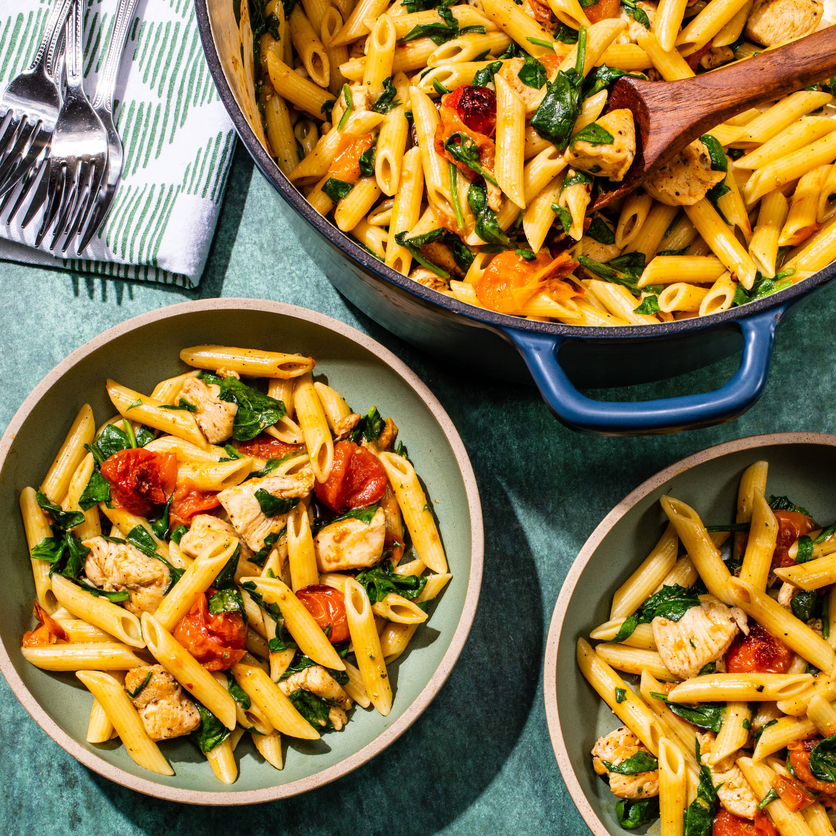 Penne with Chicken, Roasted Cherry Tomatoes, and Spinach