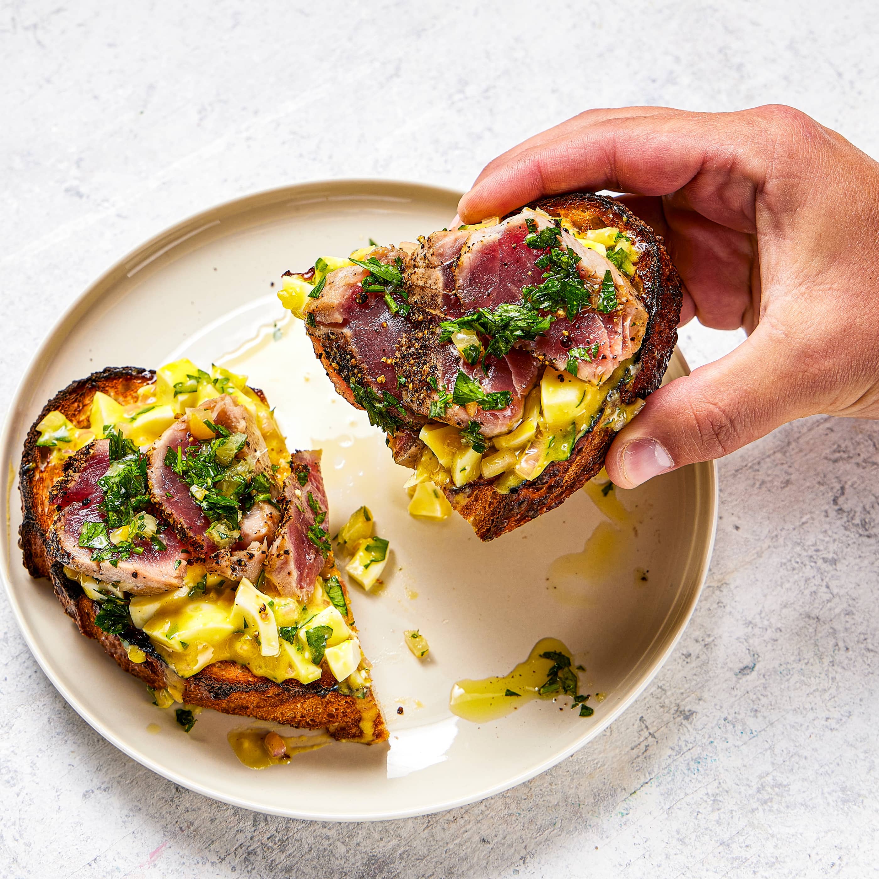 Pepper-Crusted Tuna, Preserved Lemon, and Egg Tartines