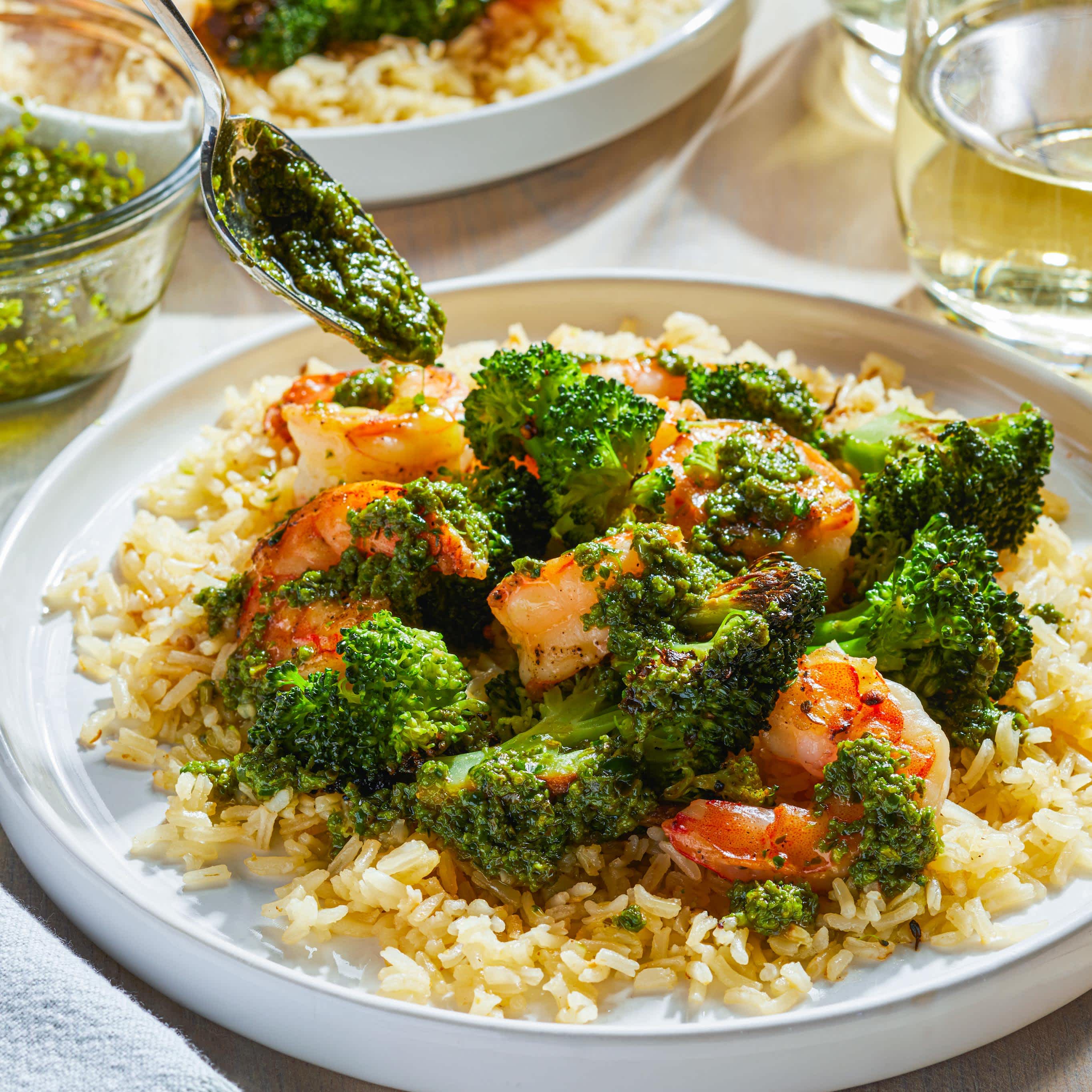 Pesto-Butter Shrimp and Broccoli with Garlic Rice