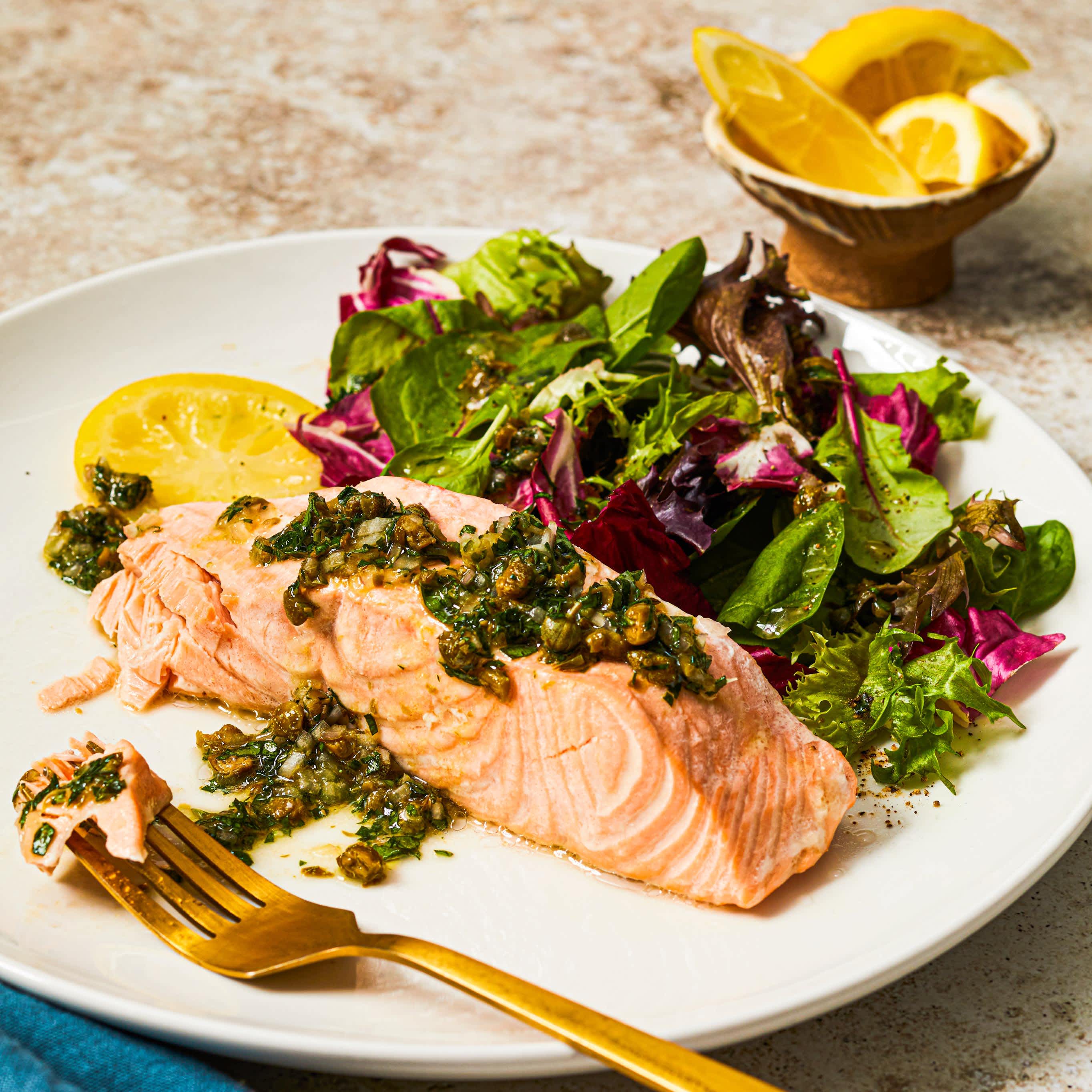 Poached Salmon with Herb and Caper Vinaigrette | America's Test Kitchen