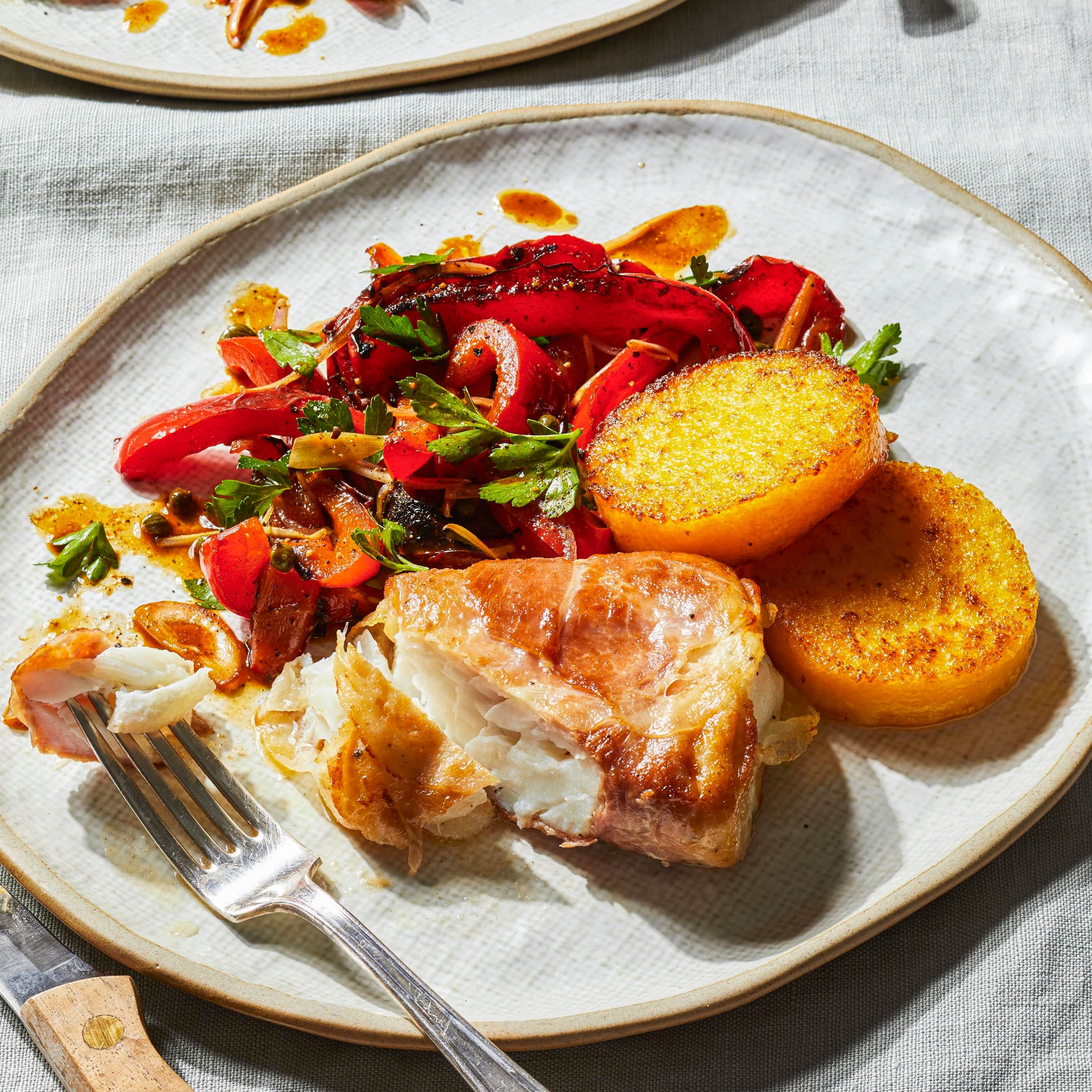 Prosciutto-Wrapped Cod with Crispy Polenta and Roasted Red Pepper Relish