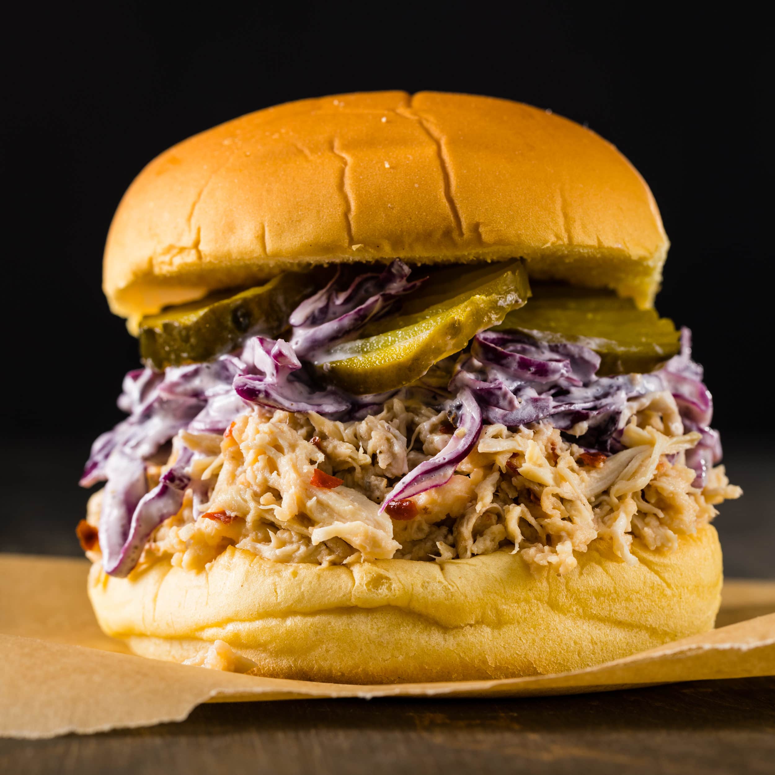 Quick Pulled Chicken Sandwiches with Red Cabbage Slaw