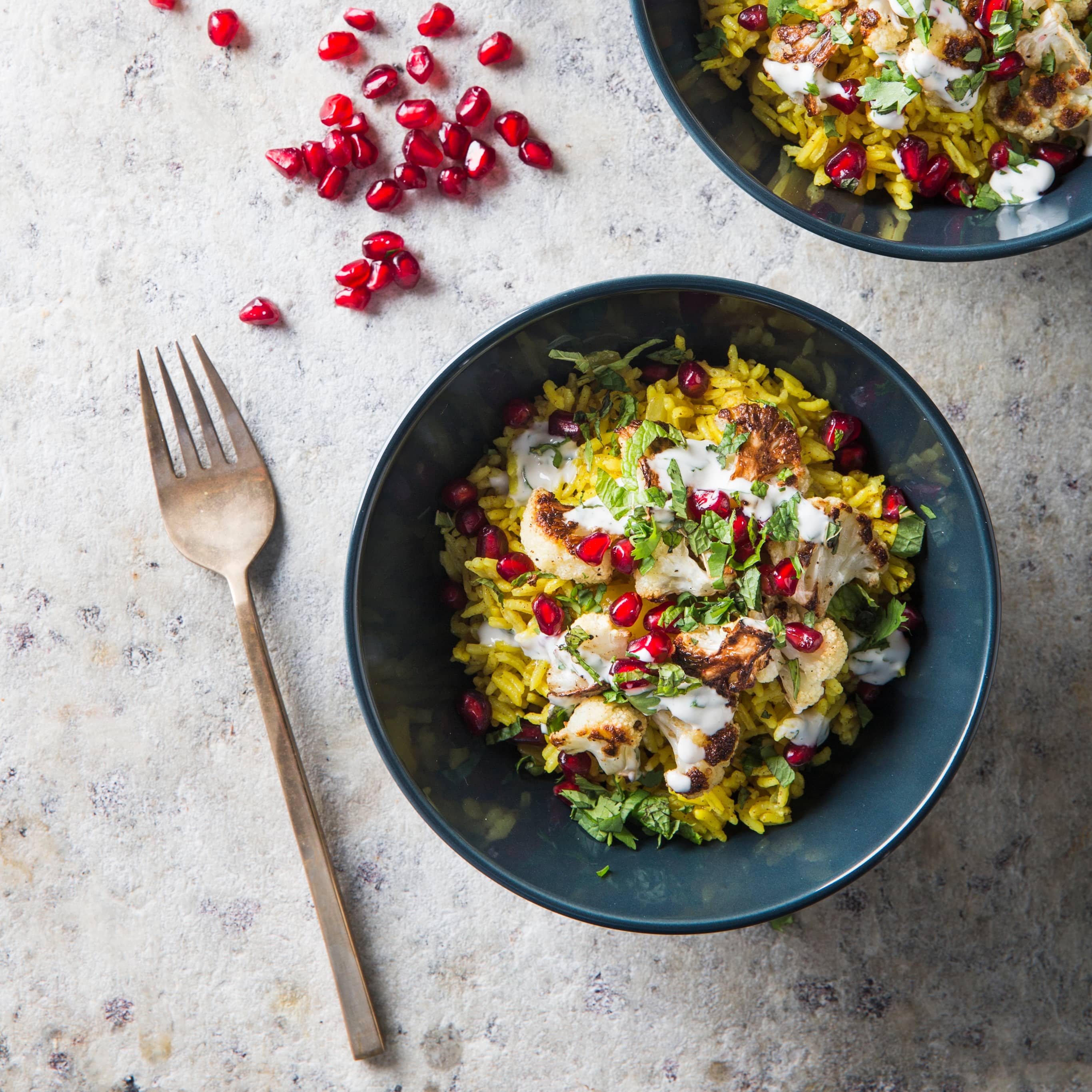 Vegan Basmati Rice Bowl with Spiced Cauliflower and Pomegranates