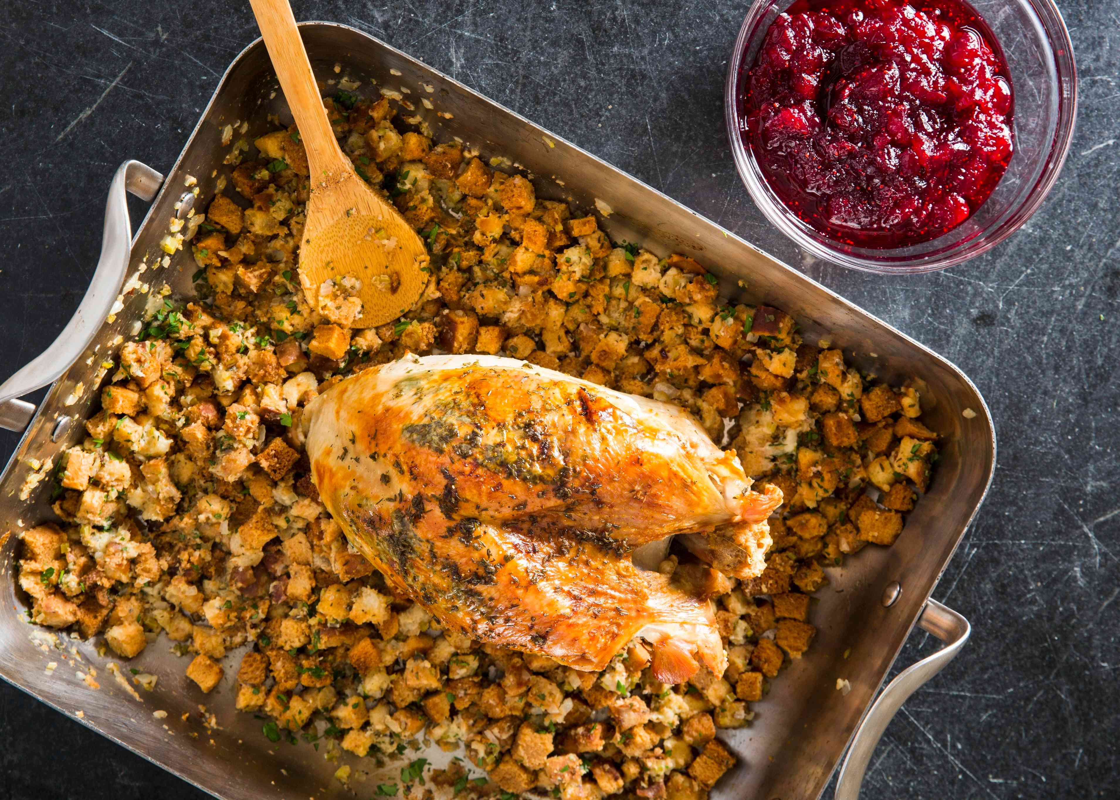 One-Pan Roast Turkey Breast with Herb Stuffing and Cranberry Sauce | America's Test Kitchen