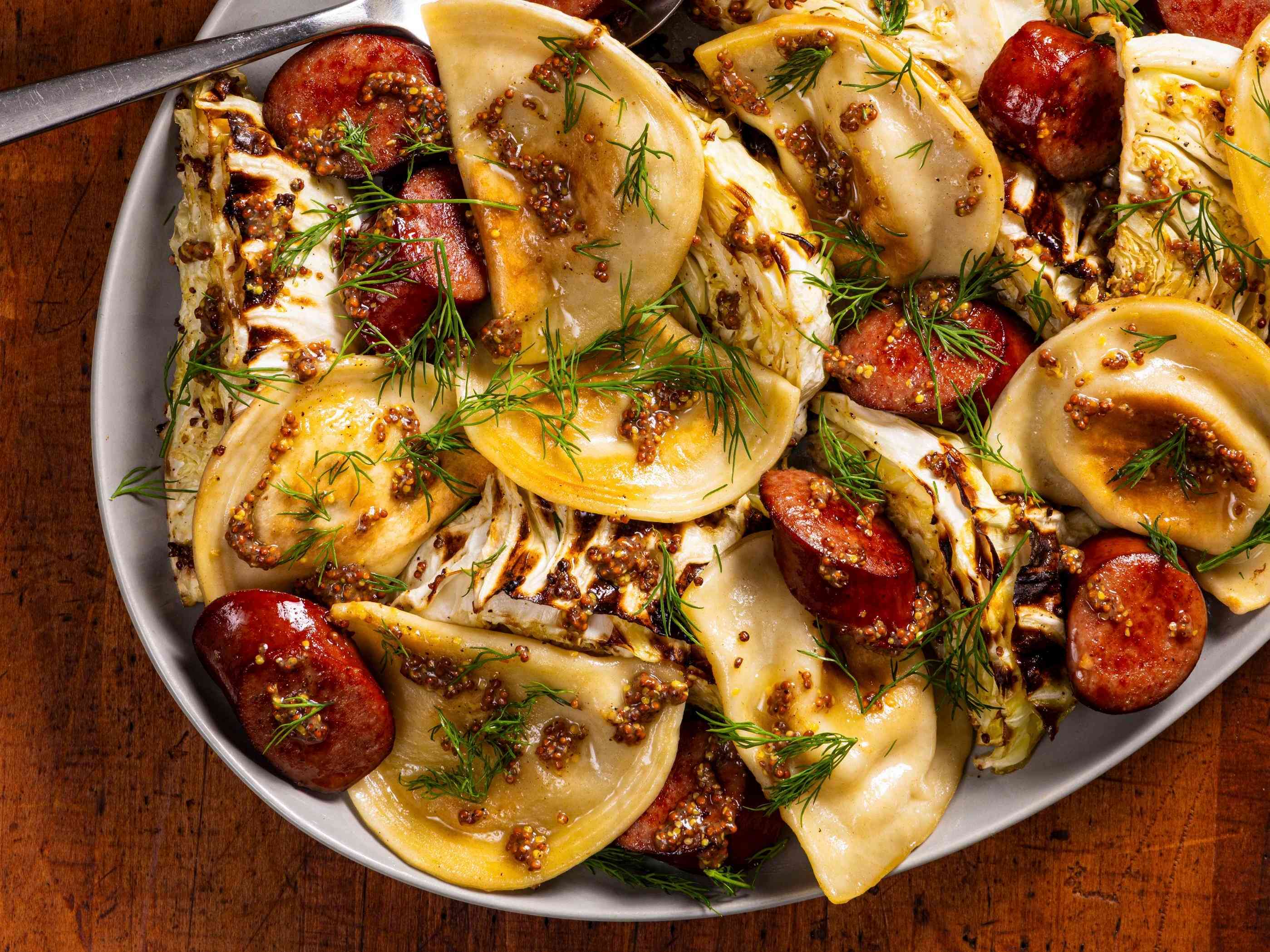 Roasted Cabbage with Kielbasa and Pierogi