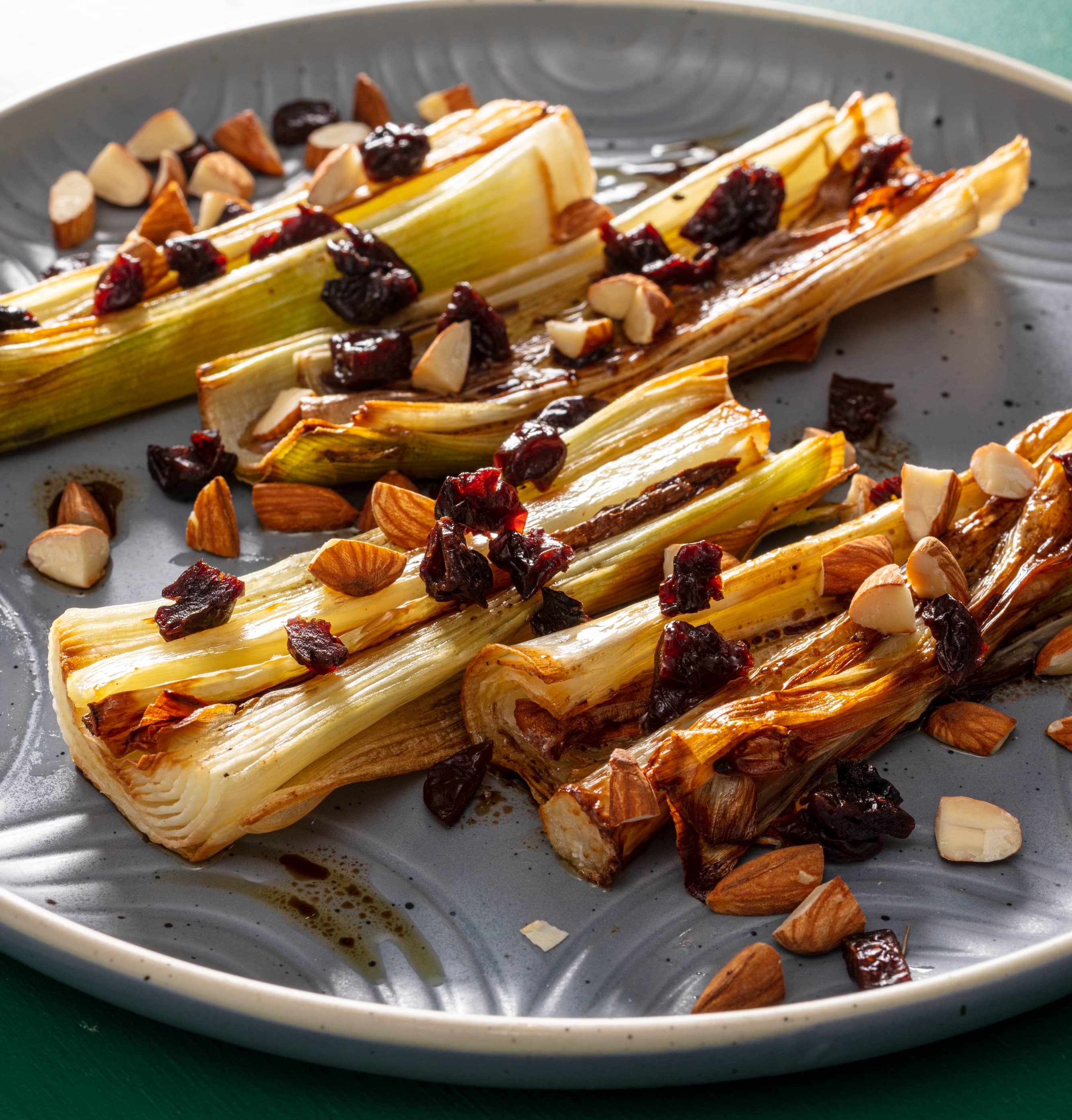 Air-Fryer Roasted Leeks with Almonds, Dried Cherries, and Balsamic Vinaigrette