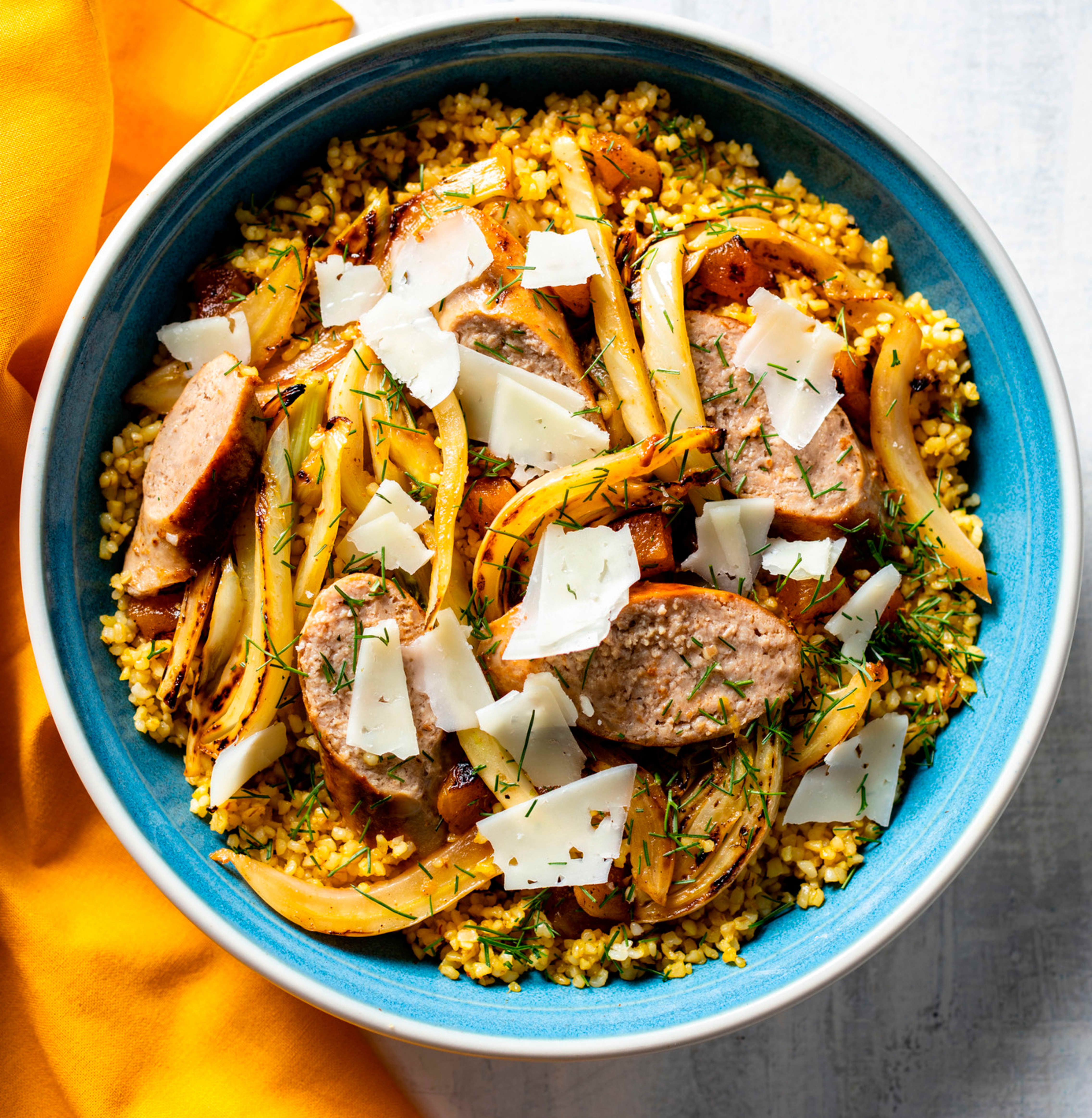 Saffron Bulgur with Fennel and Sausage Bowl