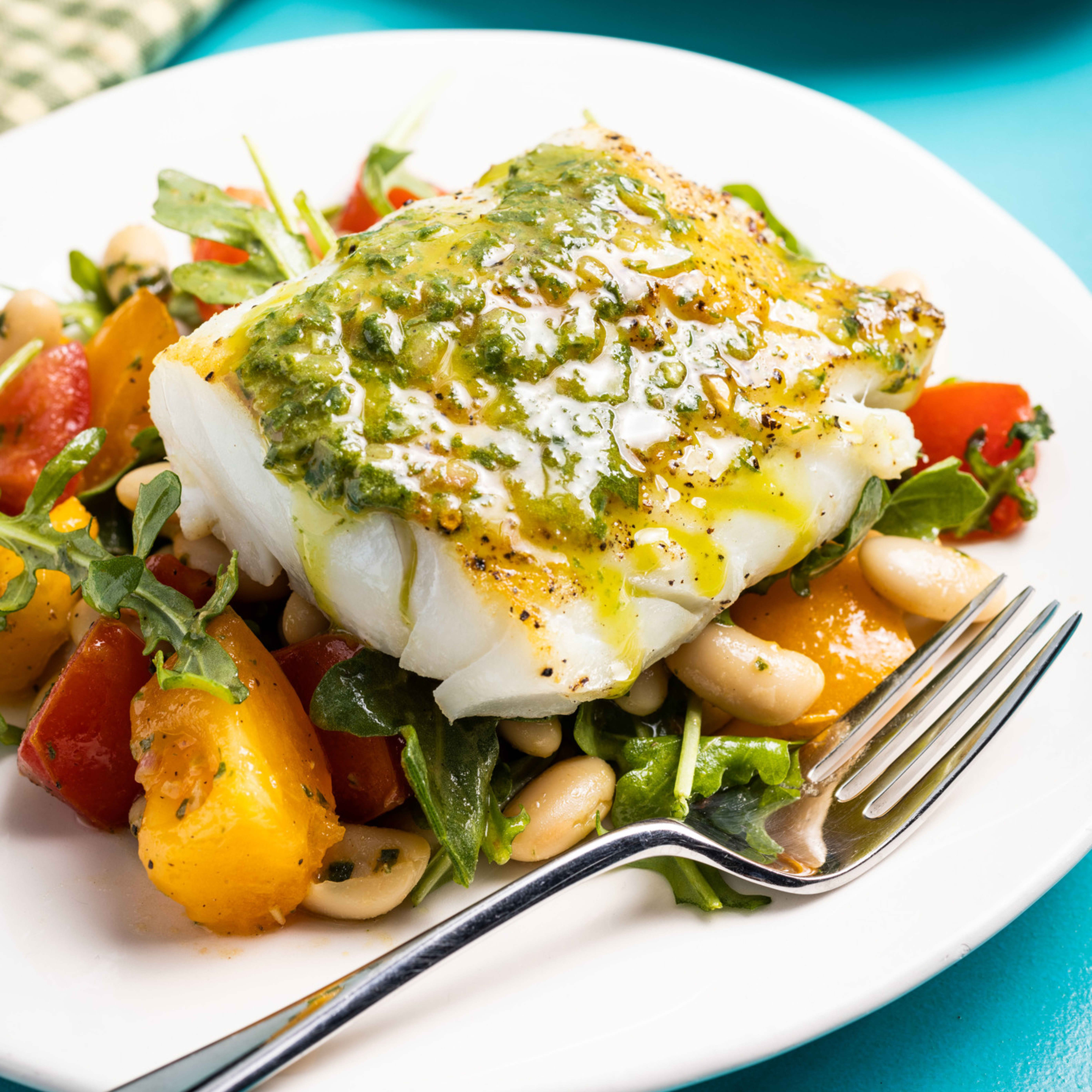 Seared Cod with White Bean, Tomato, and Arugula Salad