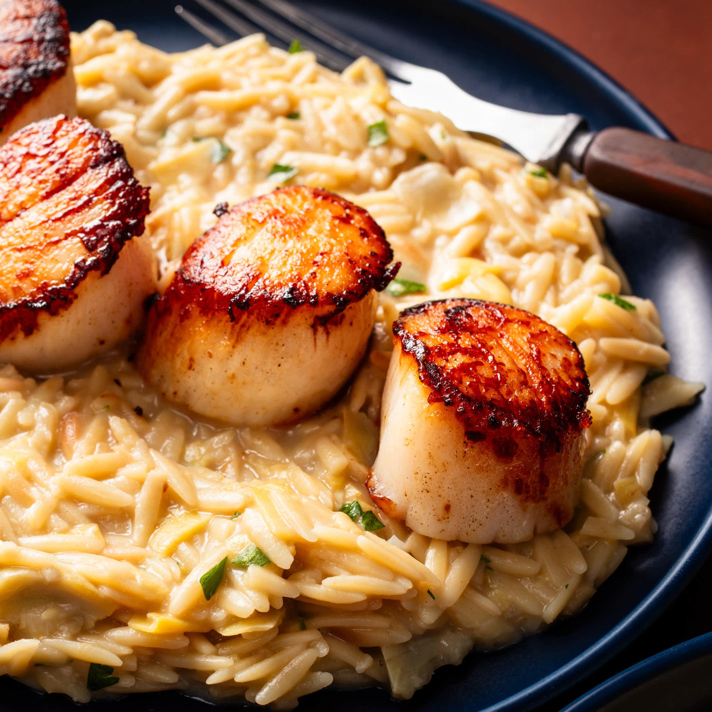 Seared Scallops with Artichoke Orzo Risotto For Two | America's Test Kitchen