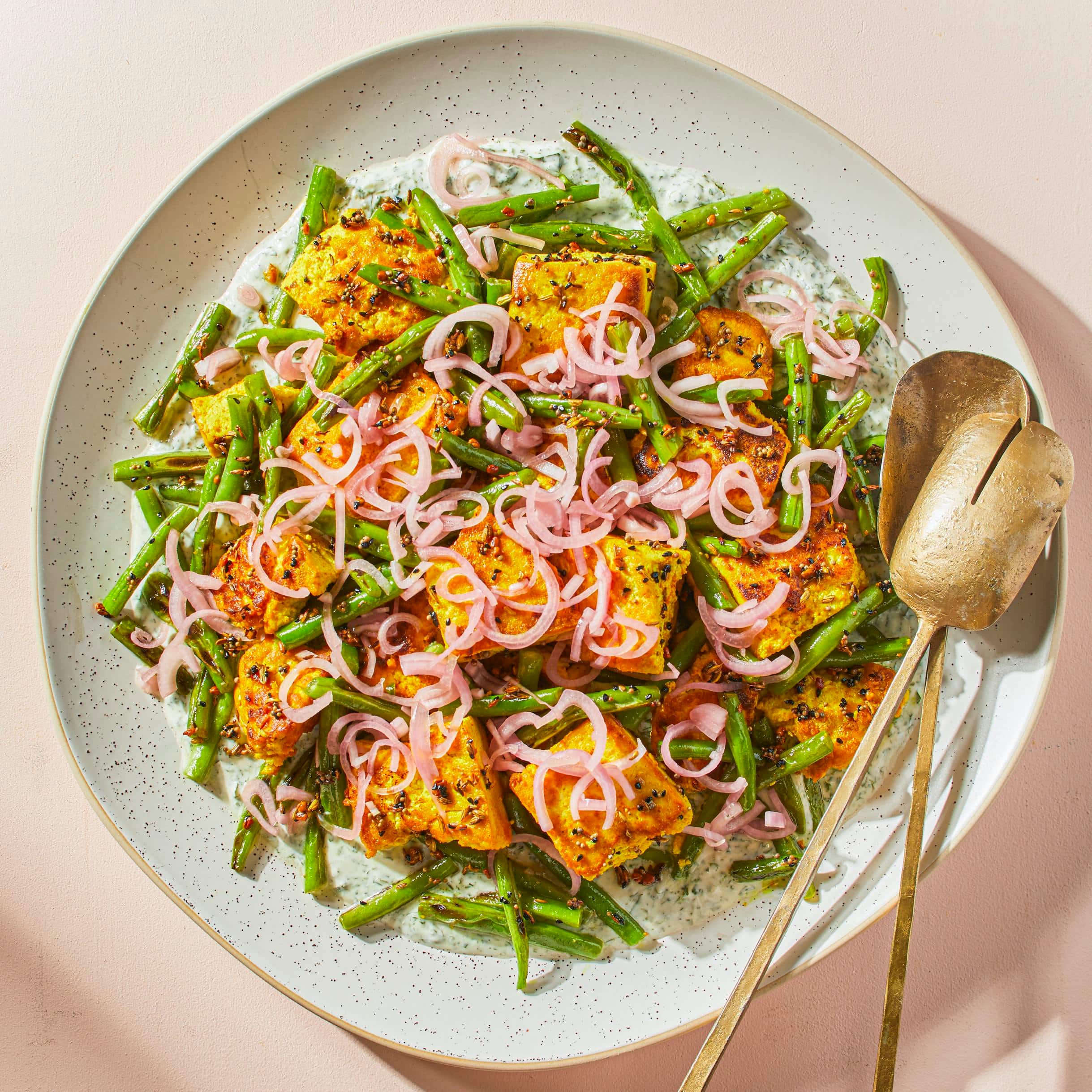 Seared Tofu with Panch Phoron, Green Beans, and Pickled Shallot