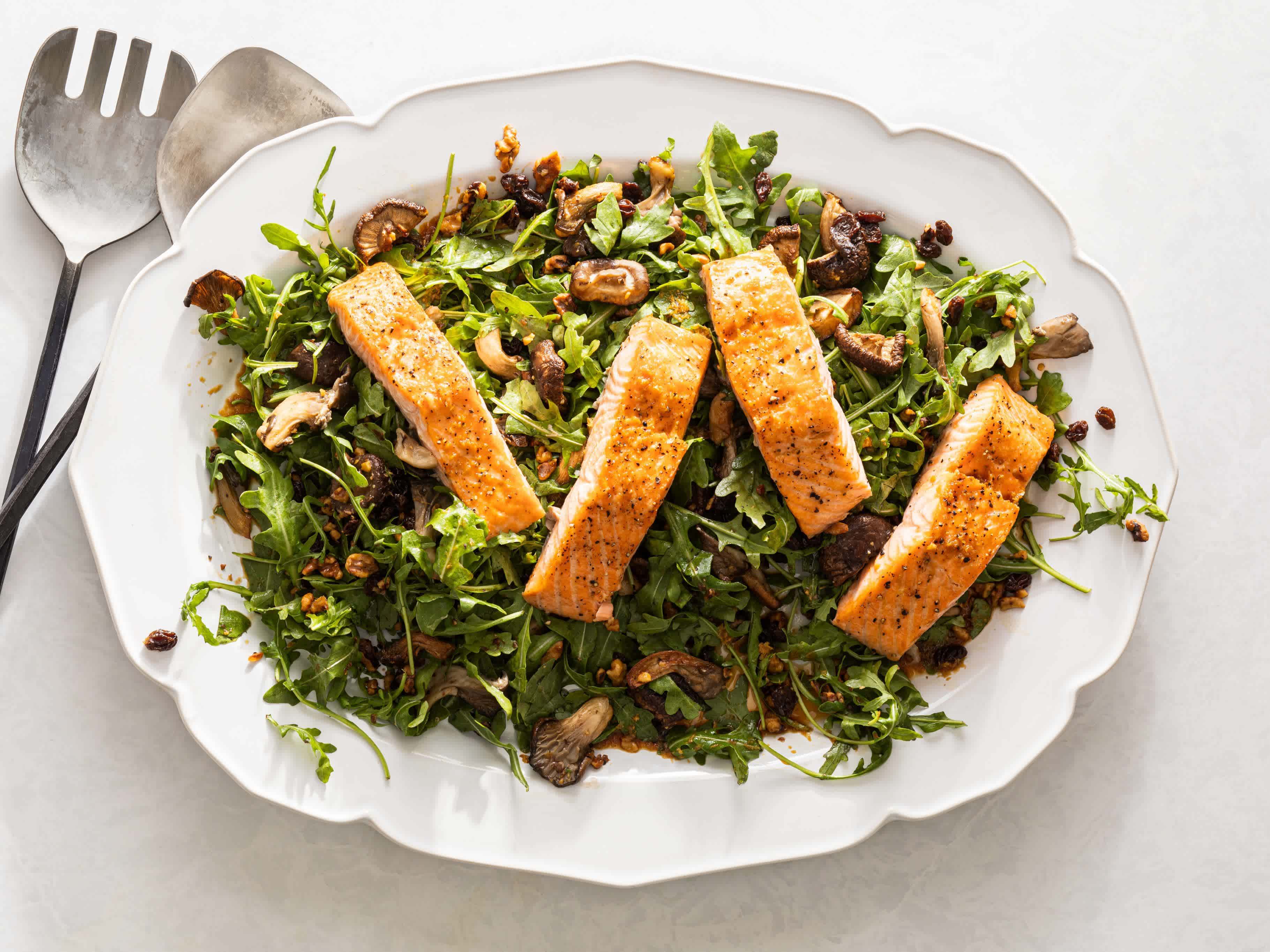 Sheet Pan Salmon with Mushroom Arugula Salad