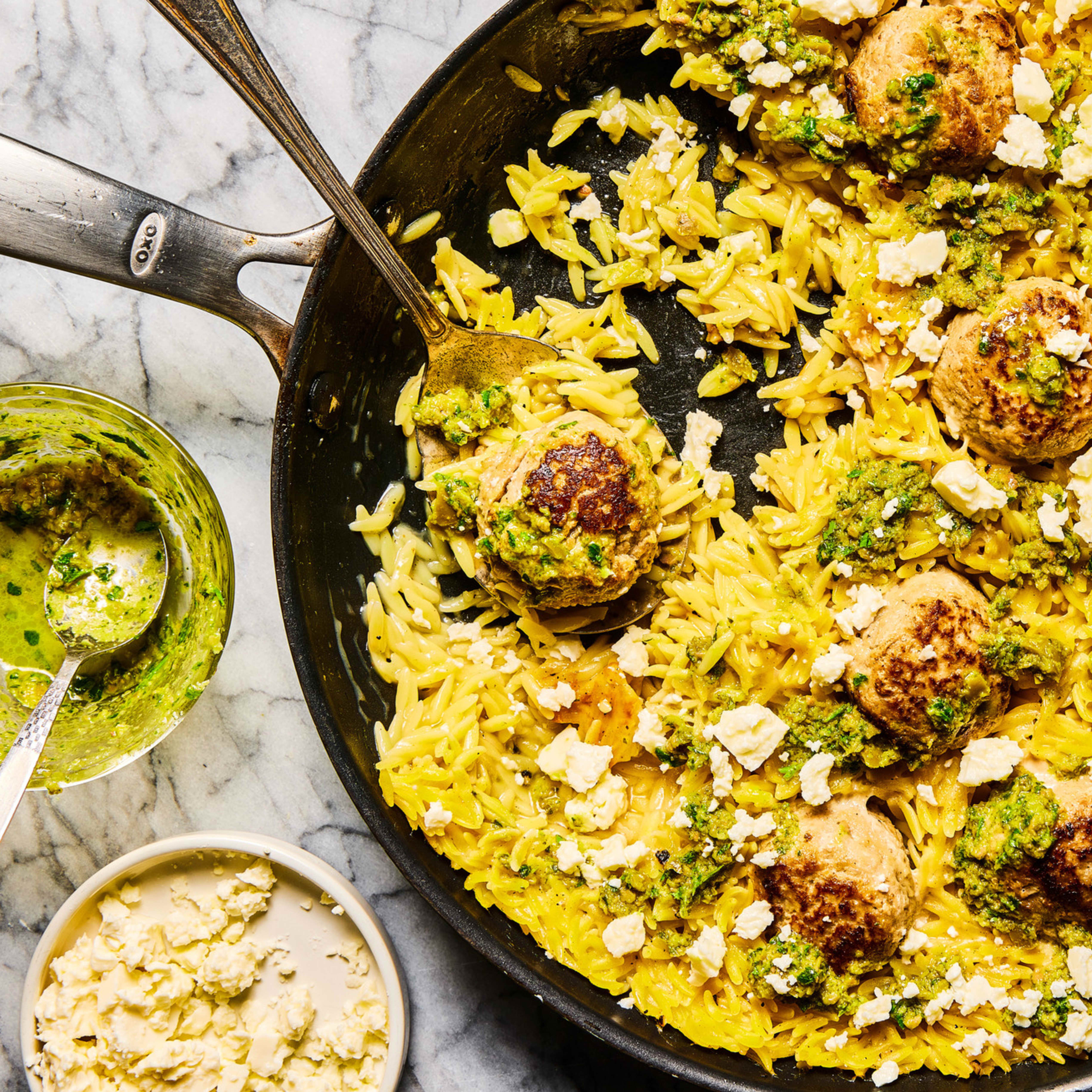 Skillet Orzo with Turkey Meatballs, Green Olives, and Feta | America's Test Kitchen
