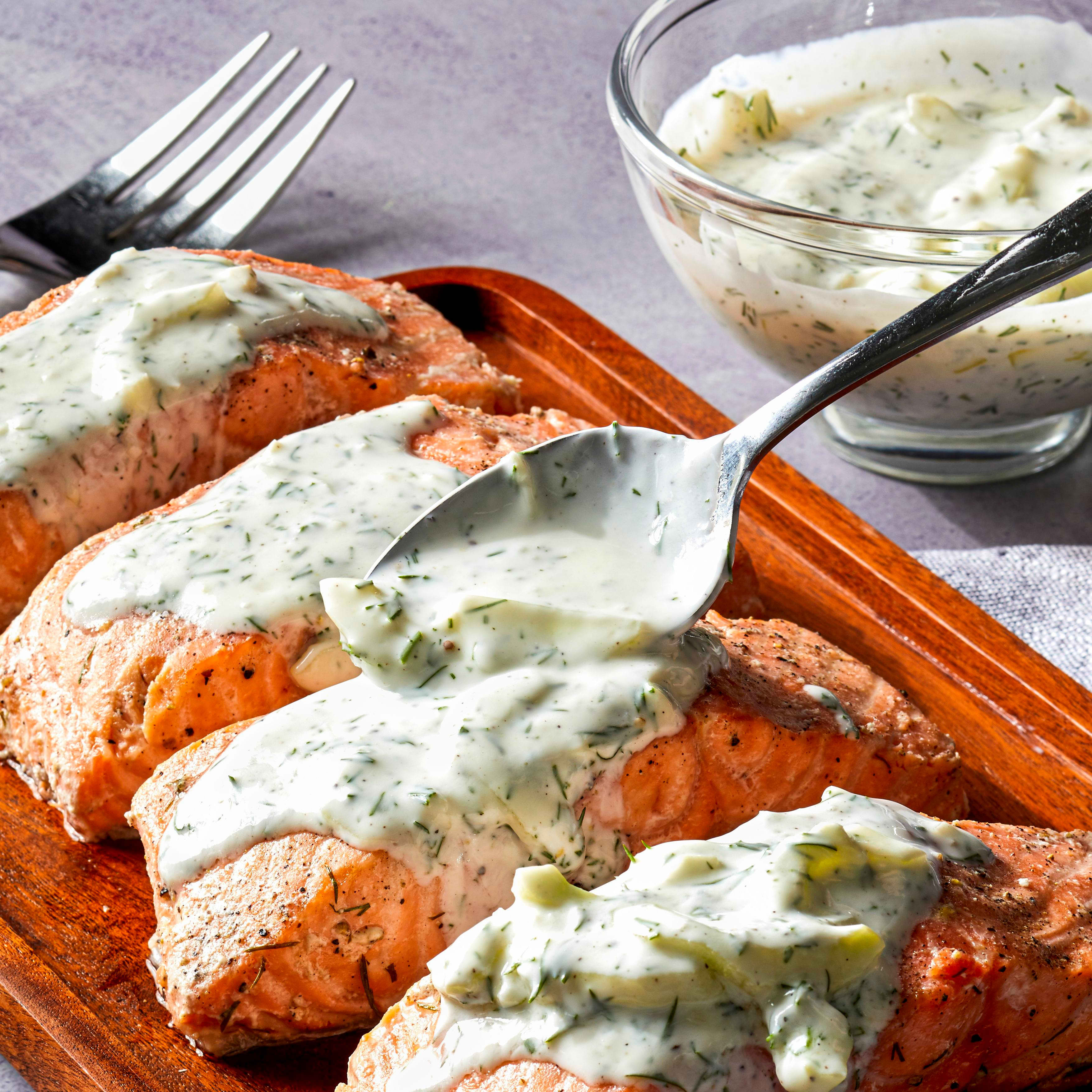 Slow-Cooker Poached Salmon with Yogurt-Dill Sauce
