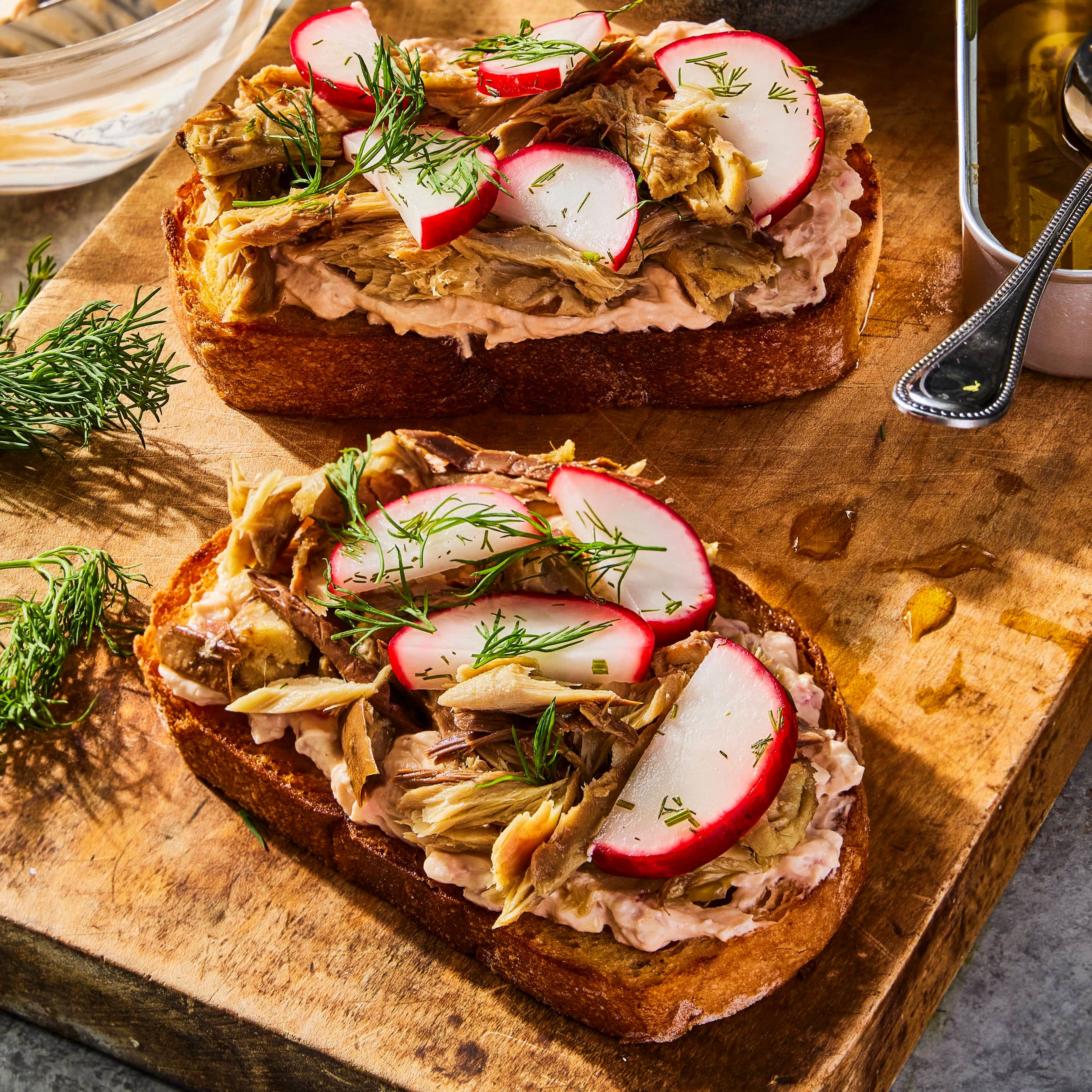 Smoked Mackerel Tartines with Dill Pickled Radishes