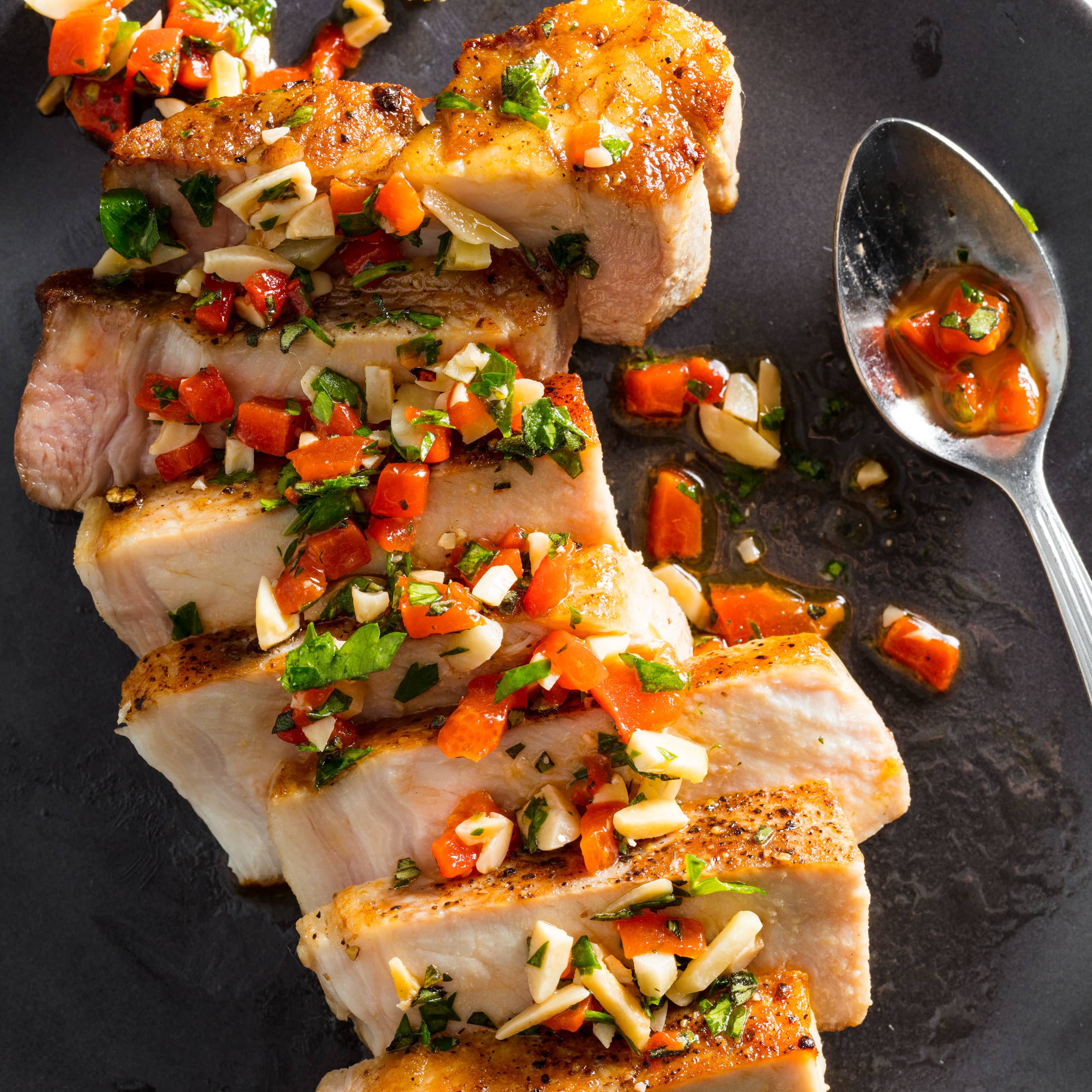 Sous Vide Boneless Thick-Cut Pork Chops with Red Pepper and Almond Relish