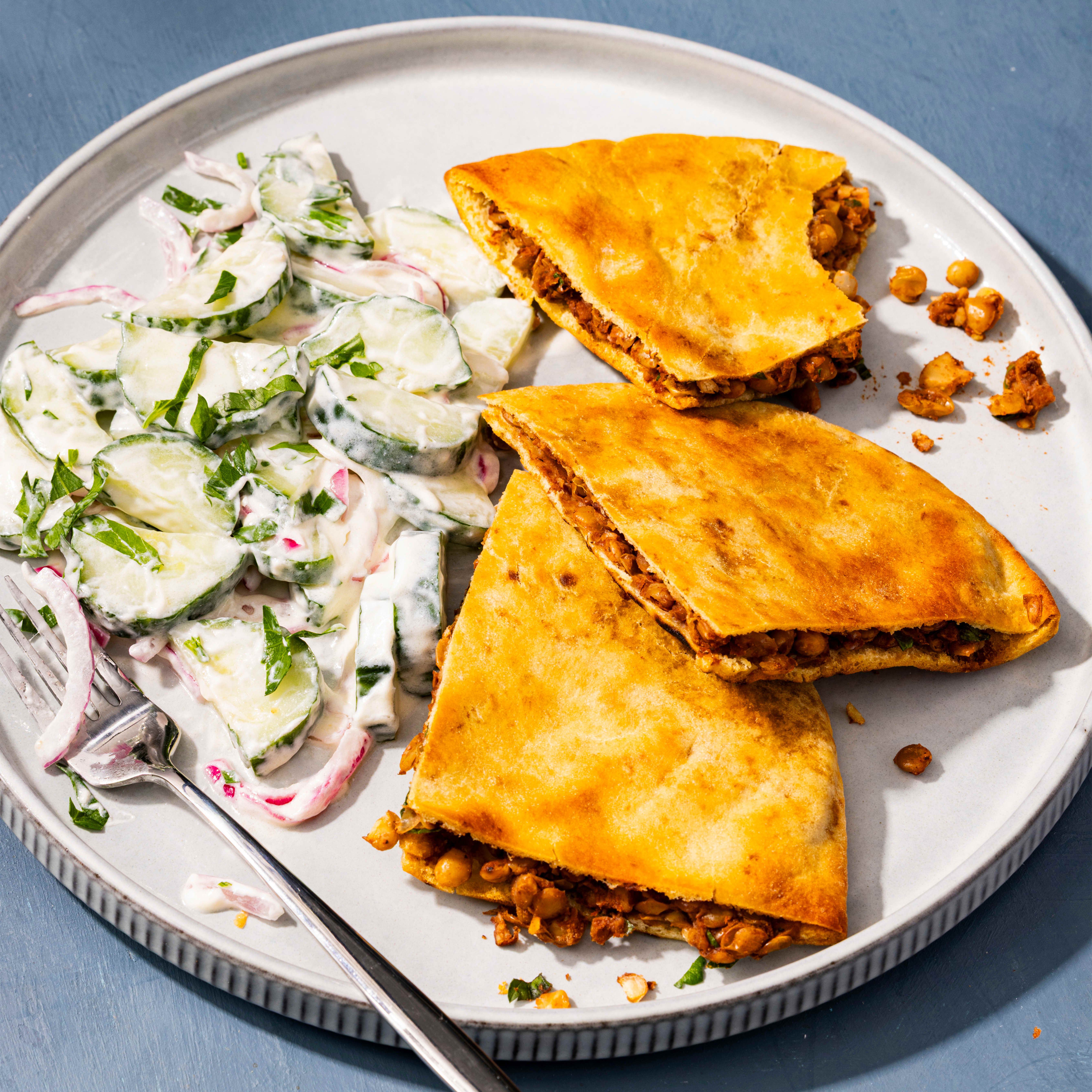 Spiced Lentil and Walnut Pockets with Creamy Cucumber Salad