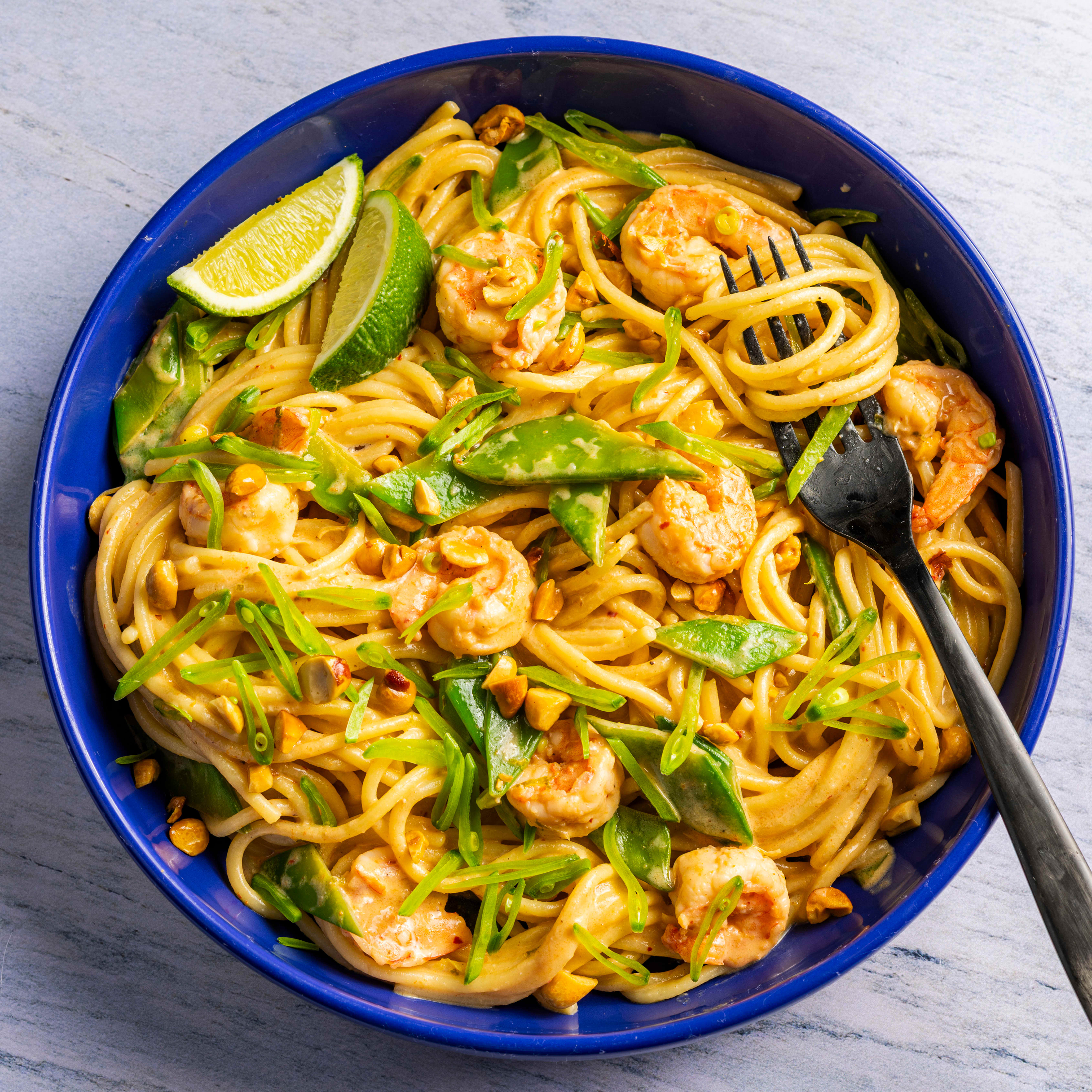 Spicy Peanut Noodles with Shrimp and Snow Peas