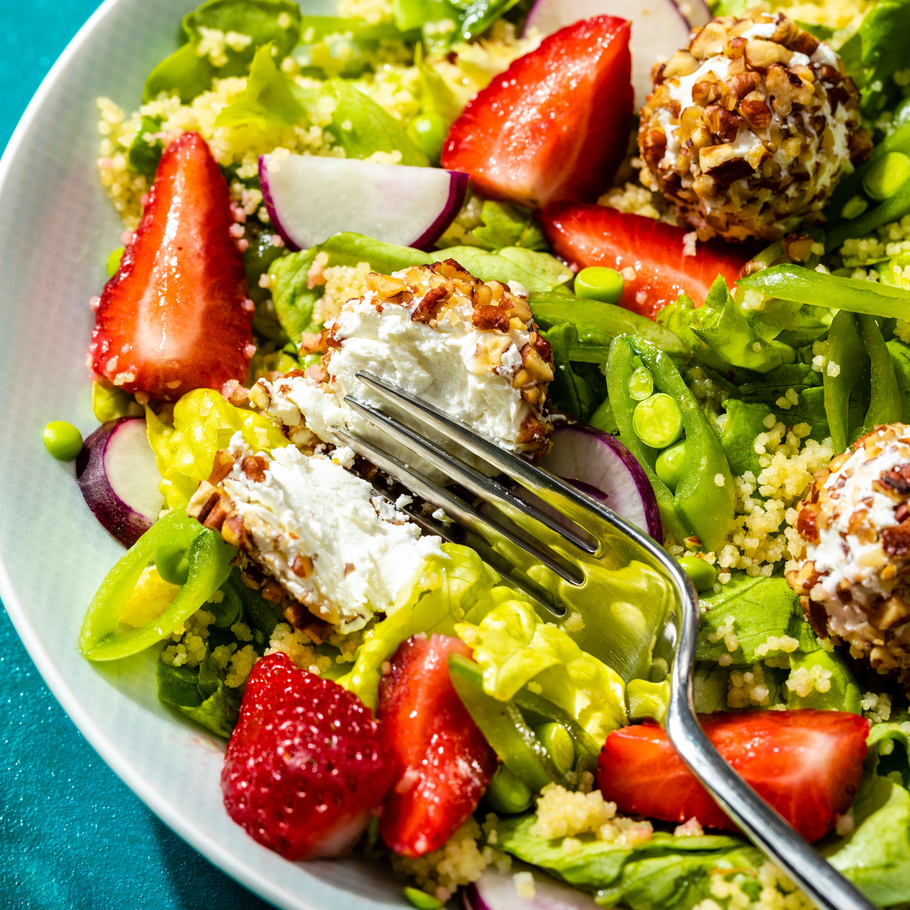 Spring Strawberry Salad with Couscous and Pecan-Crusted Goat Cheese