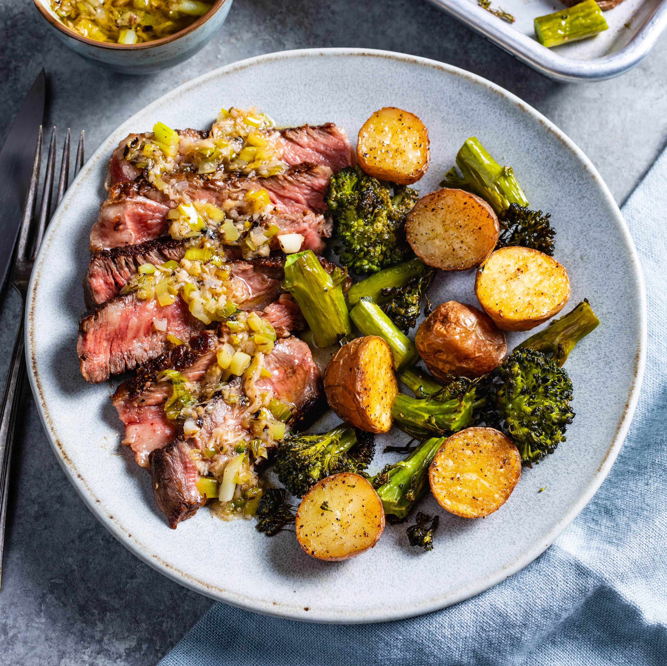 Steak, Potatoes, and Broccolini with Scallion Sauce