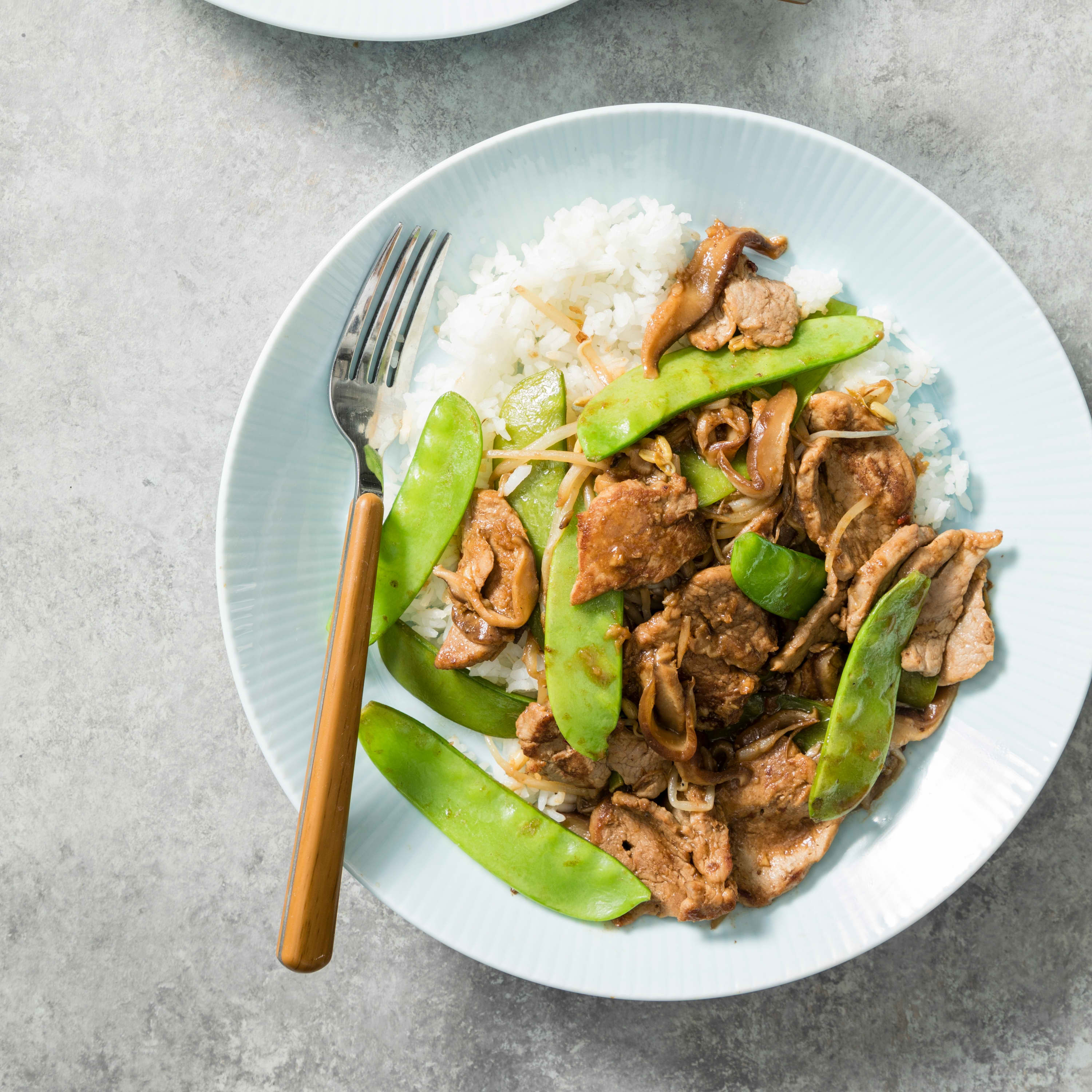 Stir-Fried Pork with Shiitakes and Snow Peas for Two