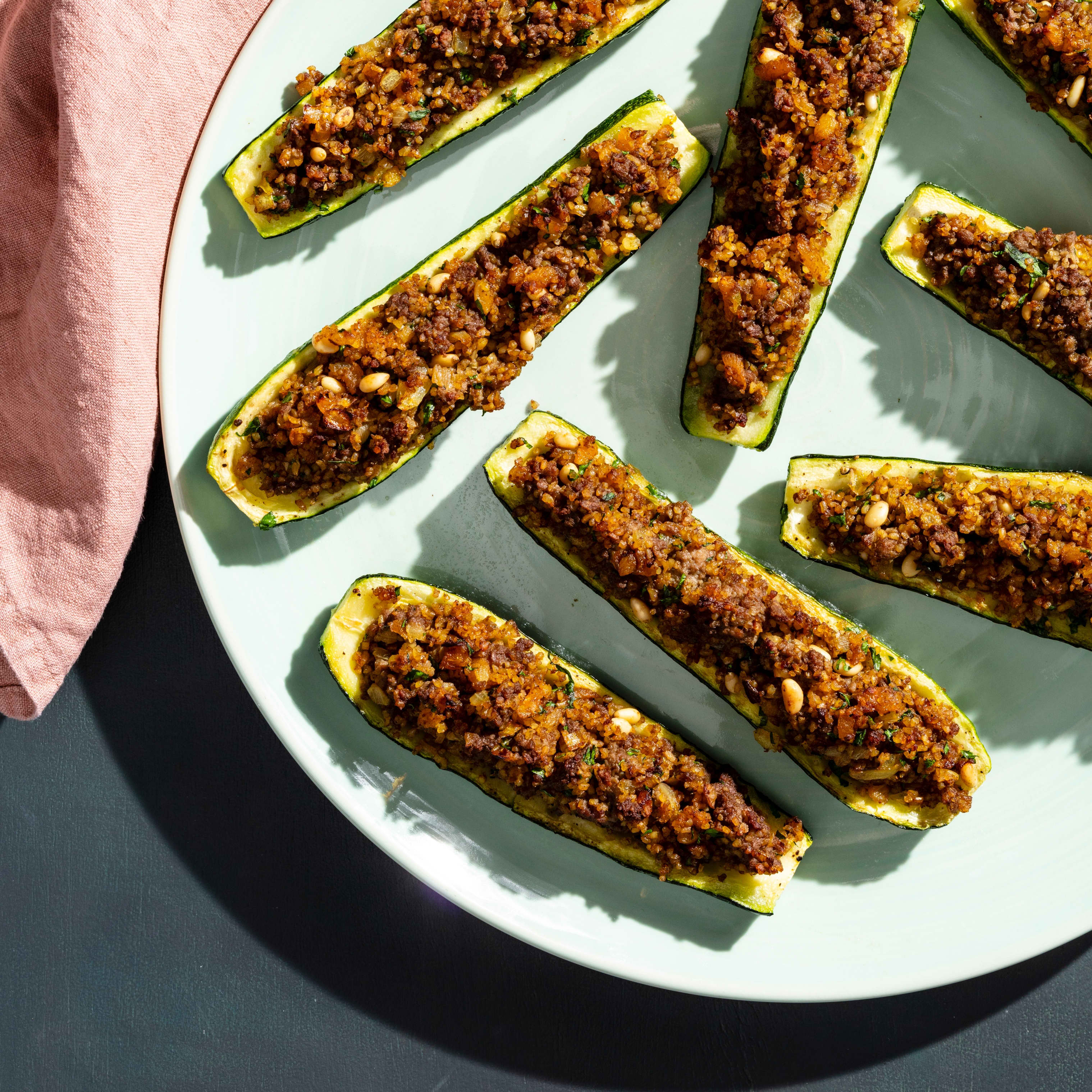 Stuffed Zucchini with Spiced Plant-Based Meat and Dried Apricots