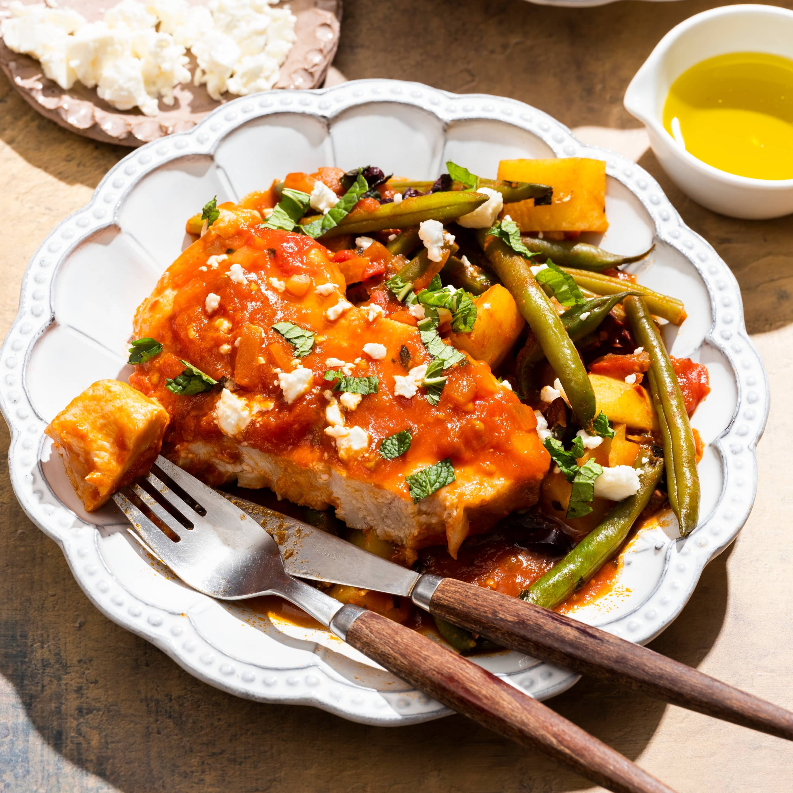 Instant Pot Swordfish with Braised Green Beans, Tomatoes, and Feta