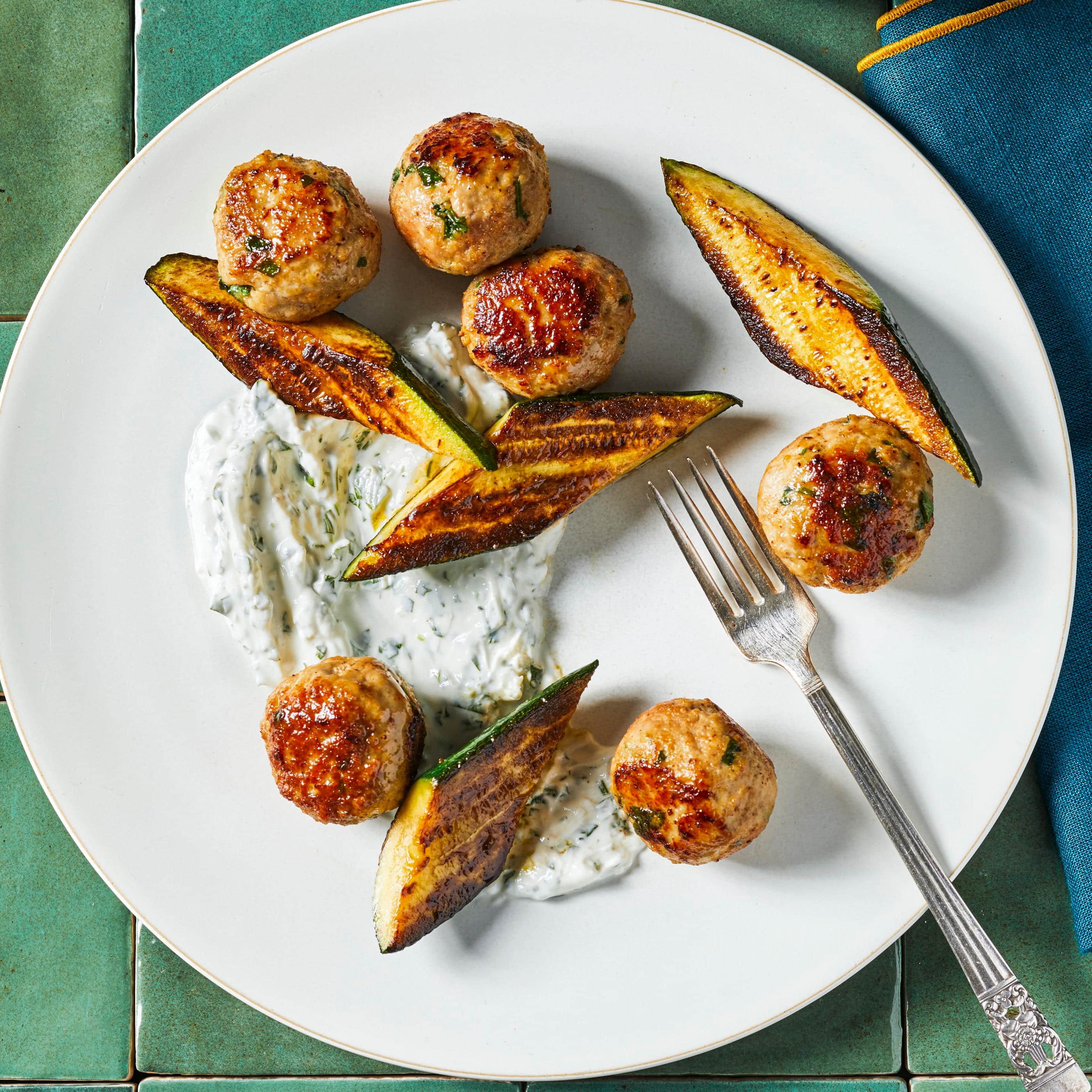 Turkey Meatballs with Charred Zucchini and Yogurt Sauce