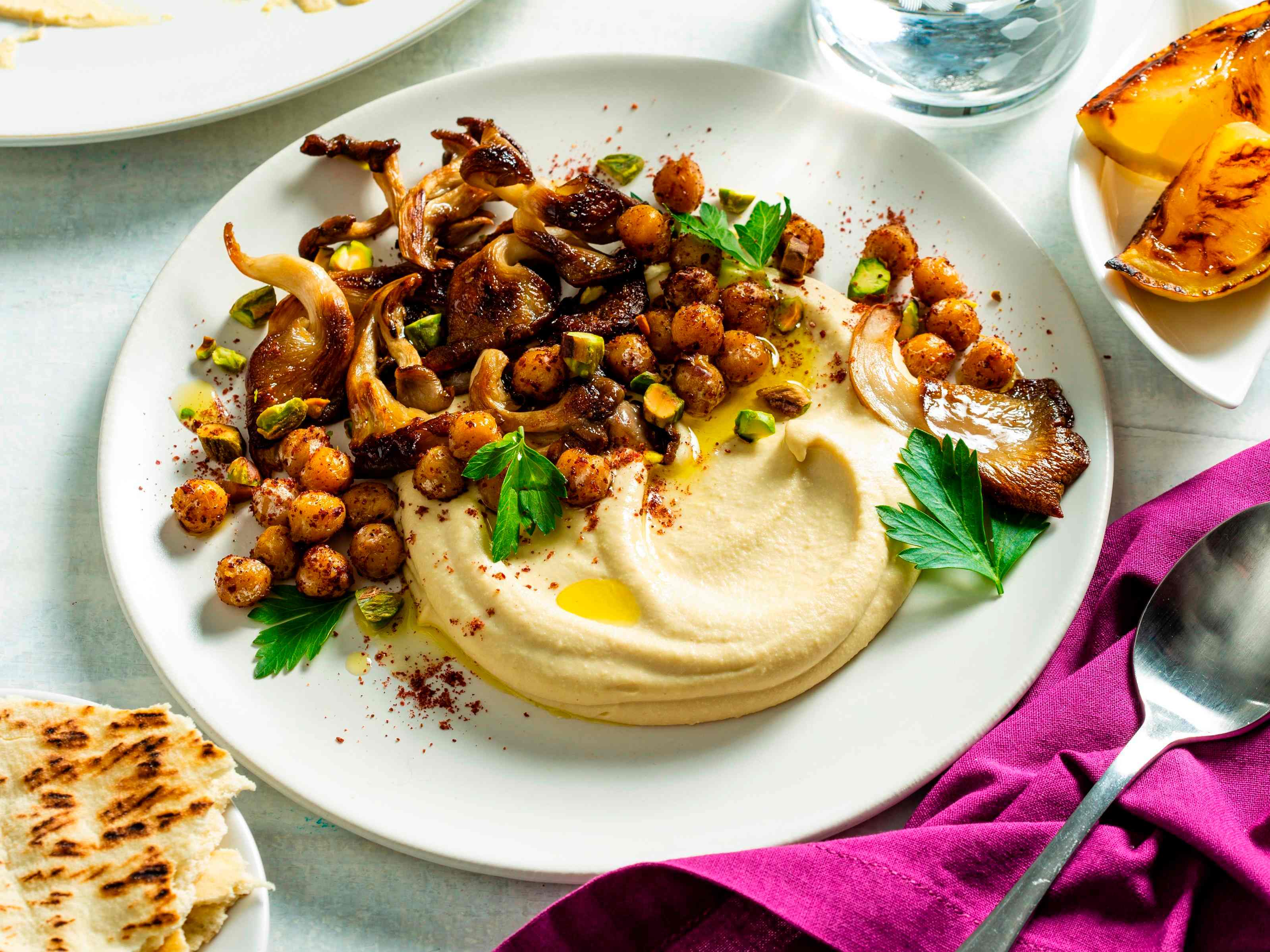 Hummus with Crispy Mushrooms and Sumac Chickpeas