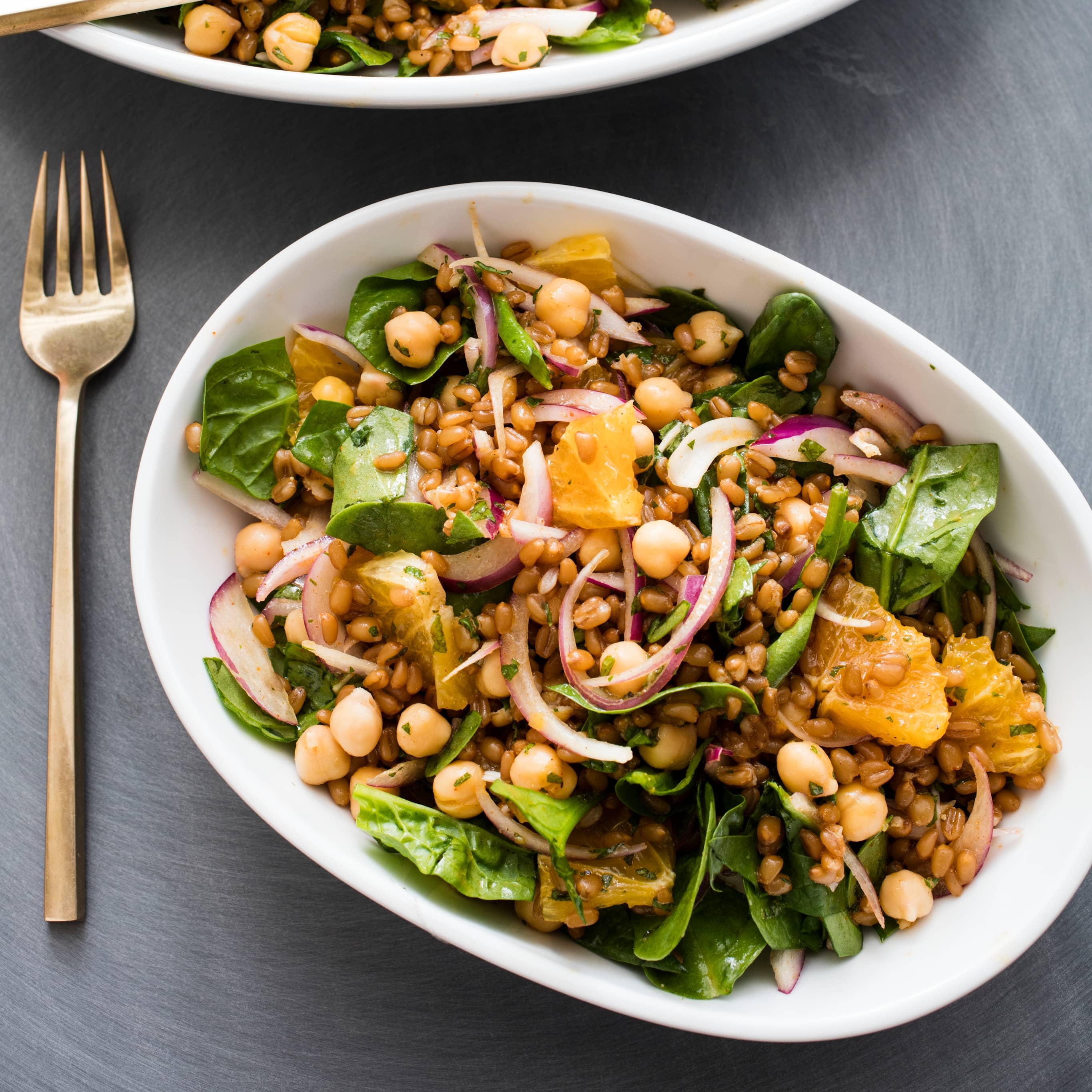 Vegan Wheat Berry Salad with Chickpeas, Spinach, and Orange | America's Test Kitchen