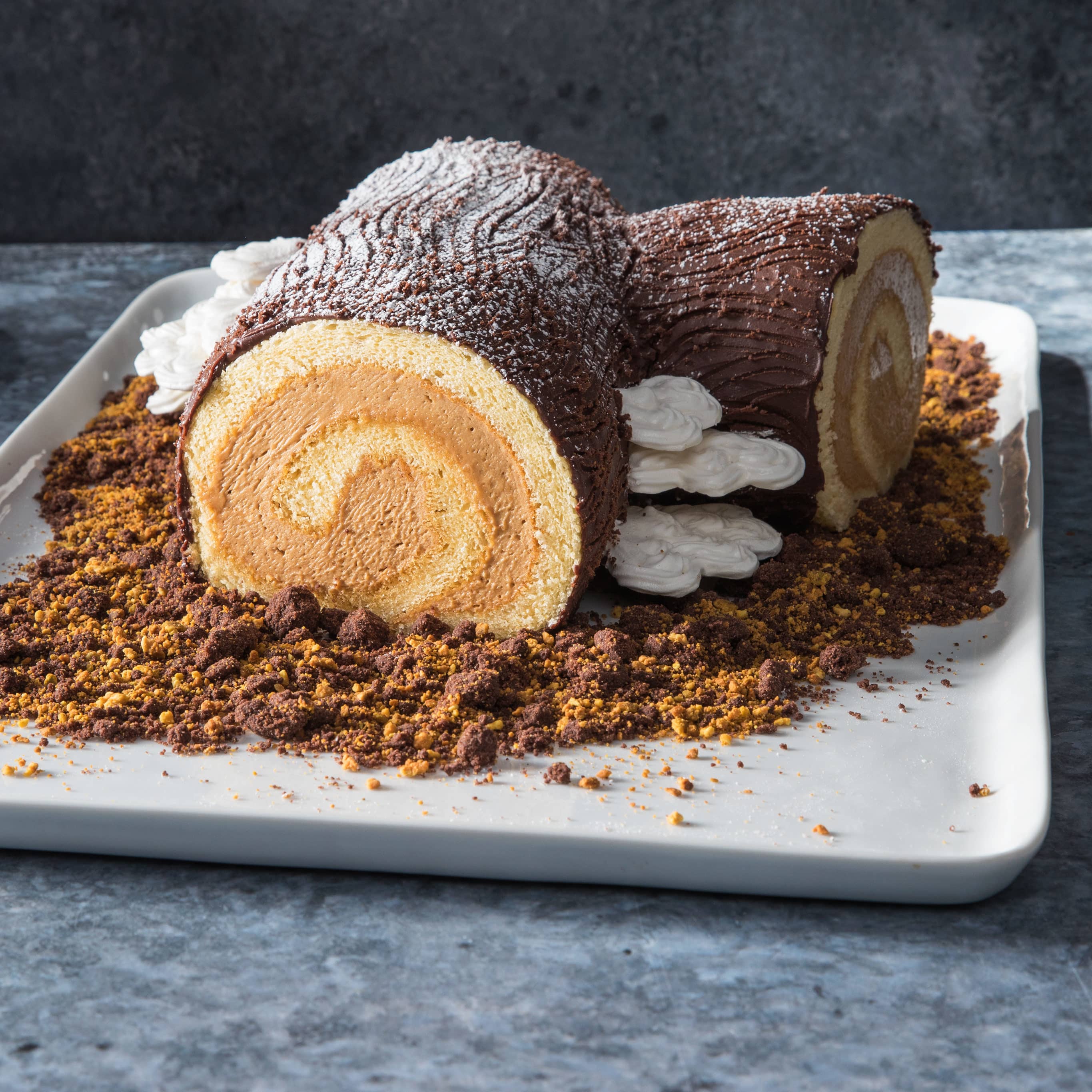 Caramel-Espresso Yule Log with Meringue Bracket-Style Mushrooms and Chocolate Crumbles