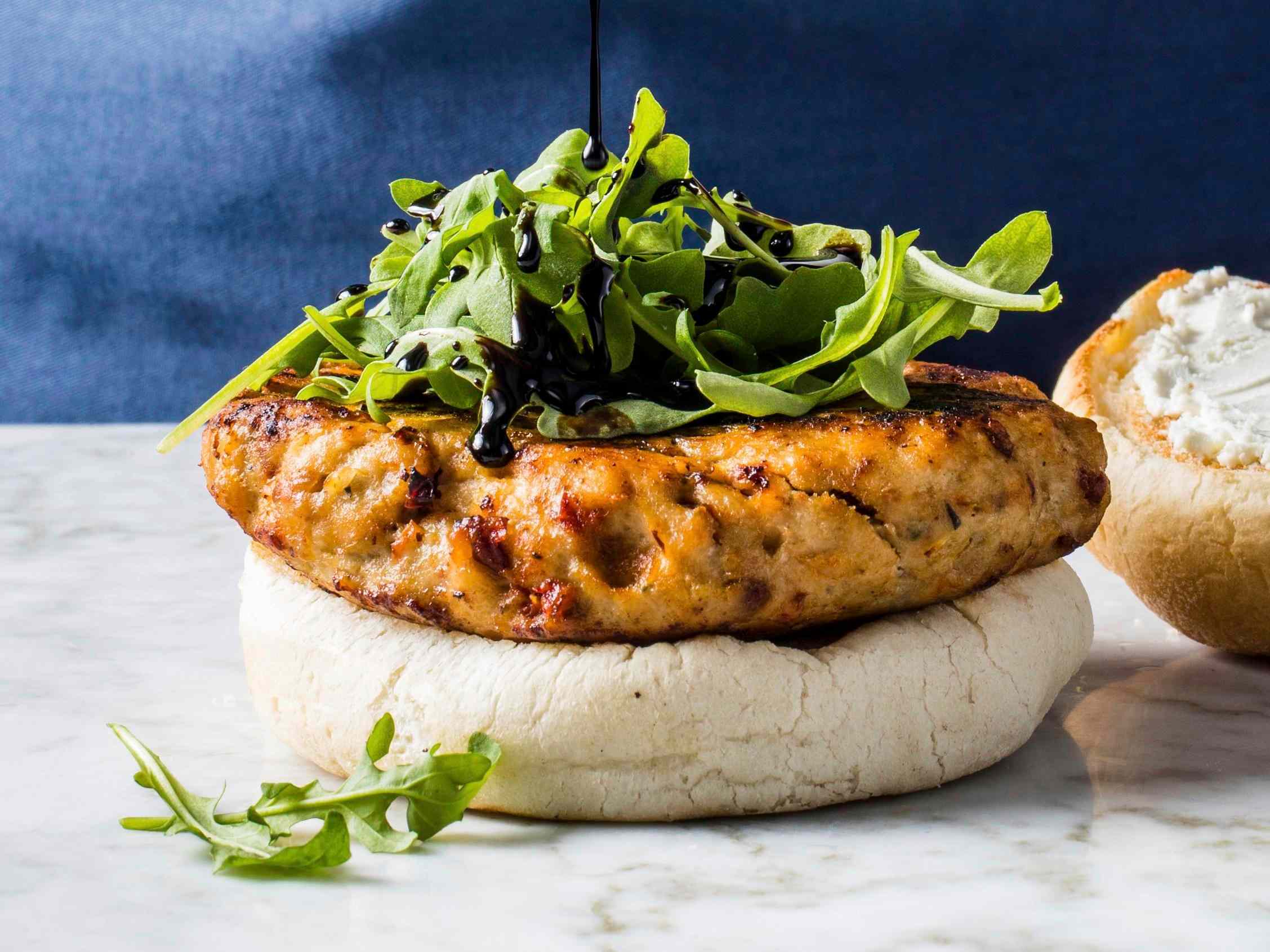 Chicken Burgers with Sun-Dried Tomatoes, Goat Cheese, and Balsamic Glaze