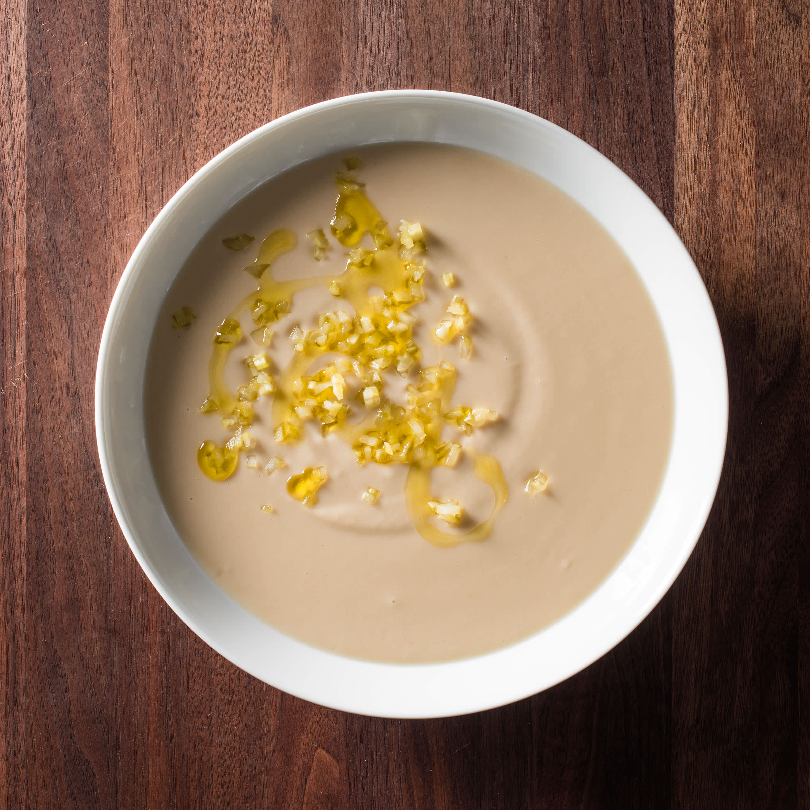 Creamy White Bean Soup with Extra-Virgin Olive Oil and Quick-Pickled Celery