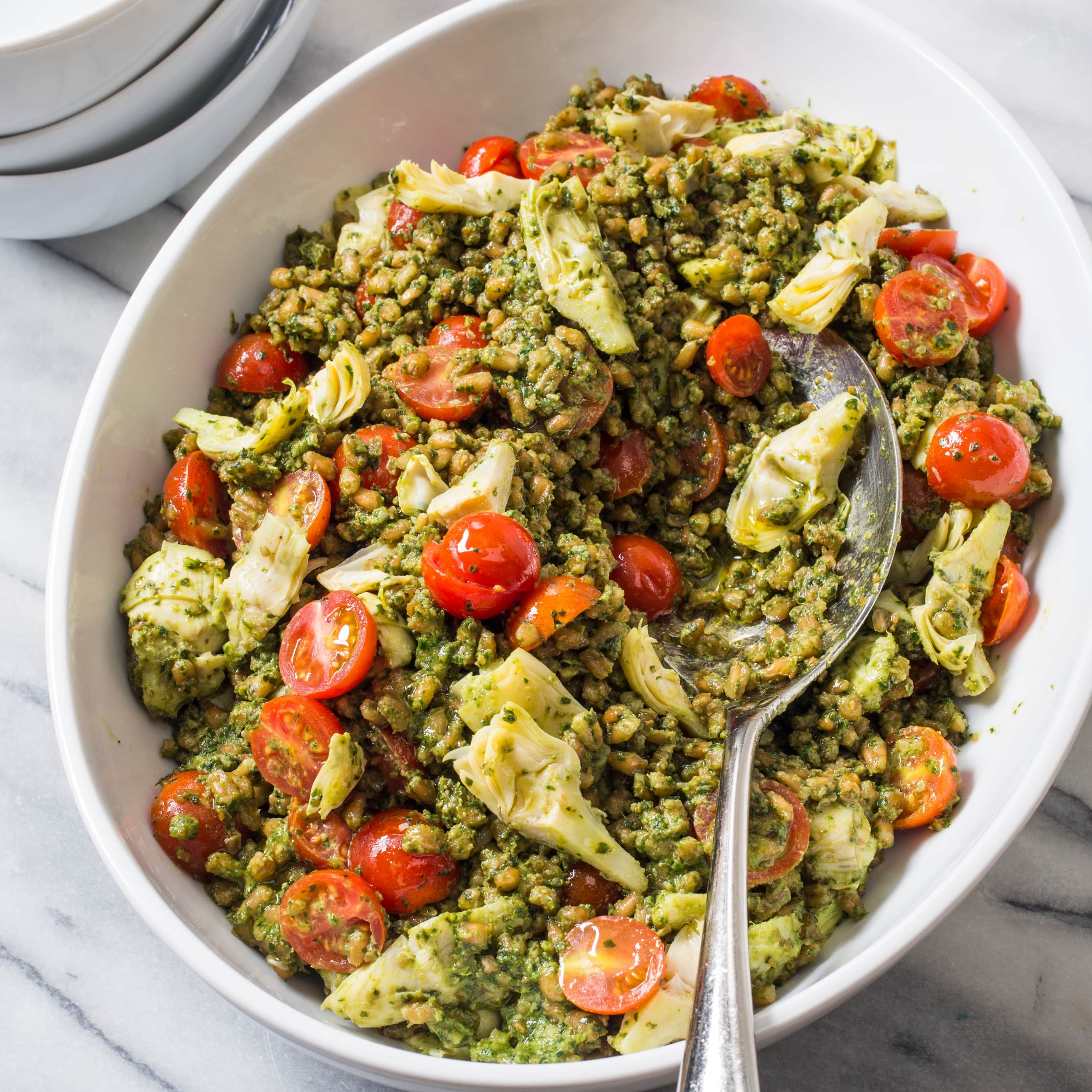 Pesto Farro Salad with Cherry Tomatoes and Artichokes