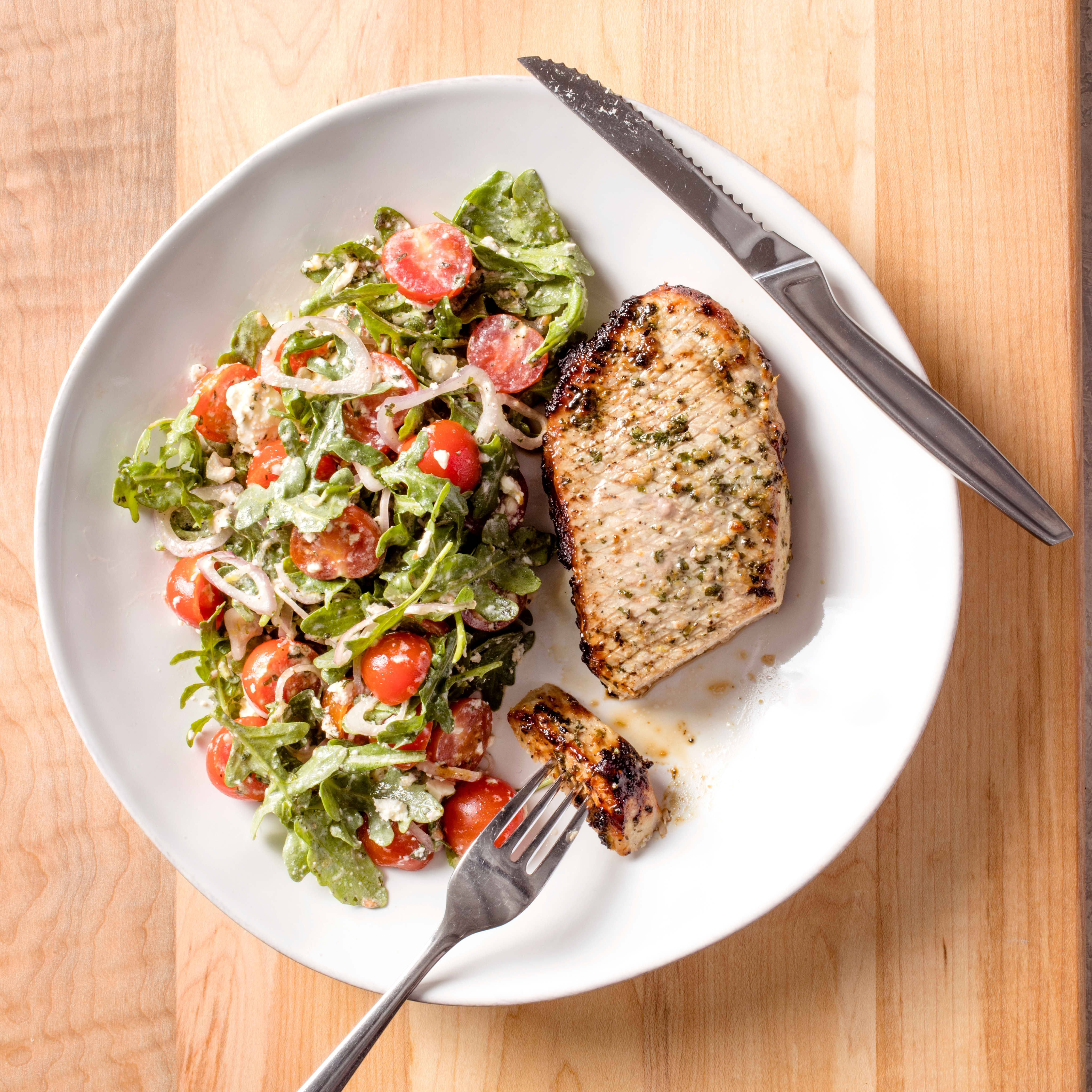Air-Fryer Lemon-Oregano Roasted Pork Chops with Tomato-Feta Salad