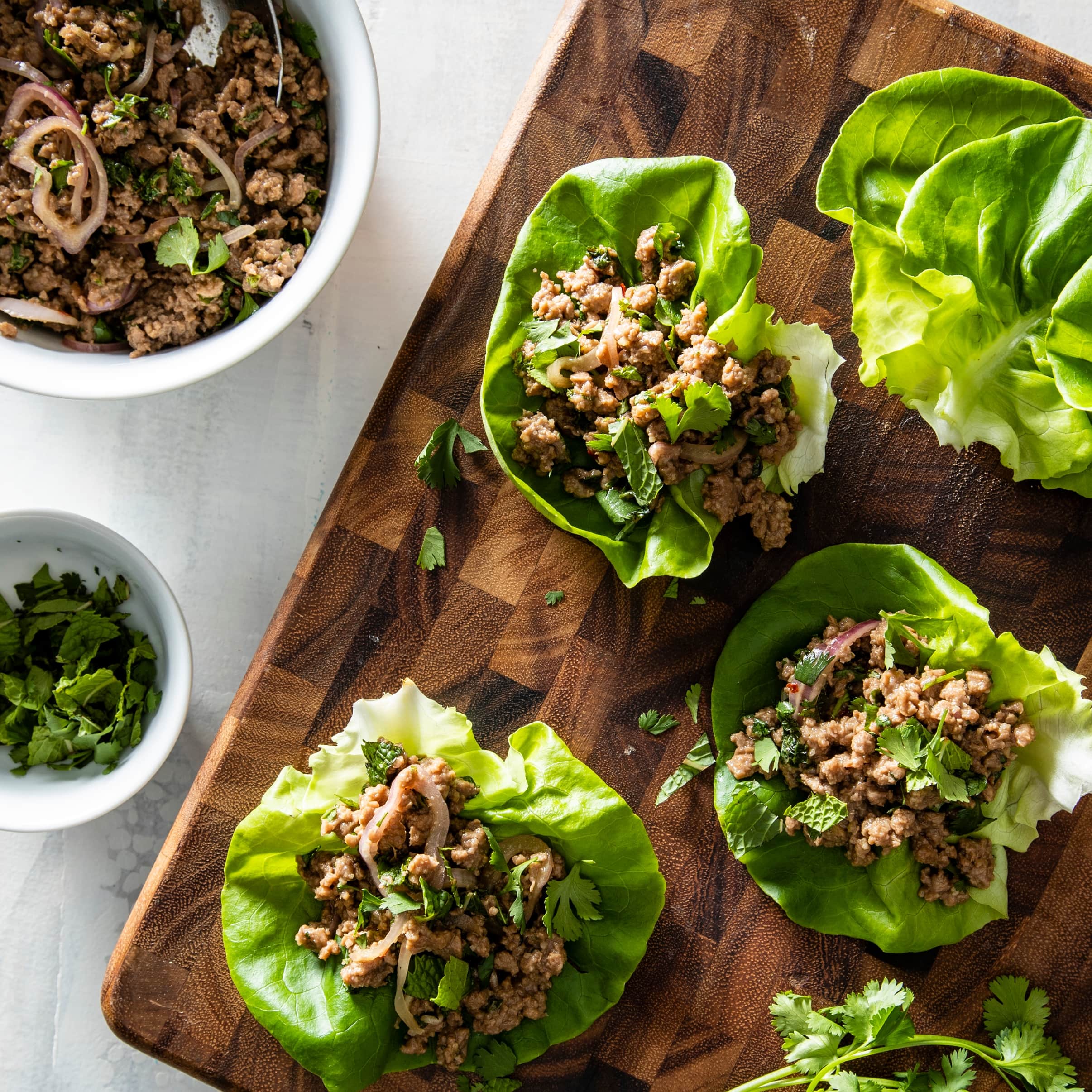 Plant-Based Larb Lettuce Wraps with Lime, Mint, and Cilantro