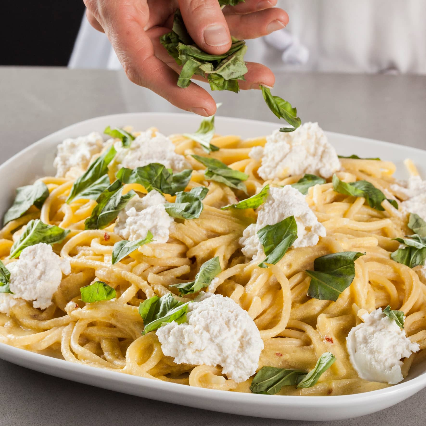 Quick Creamy Corn Bucatini with Ricotta and Basil